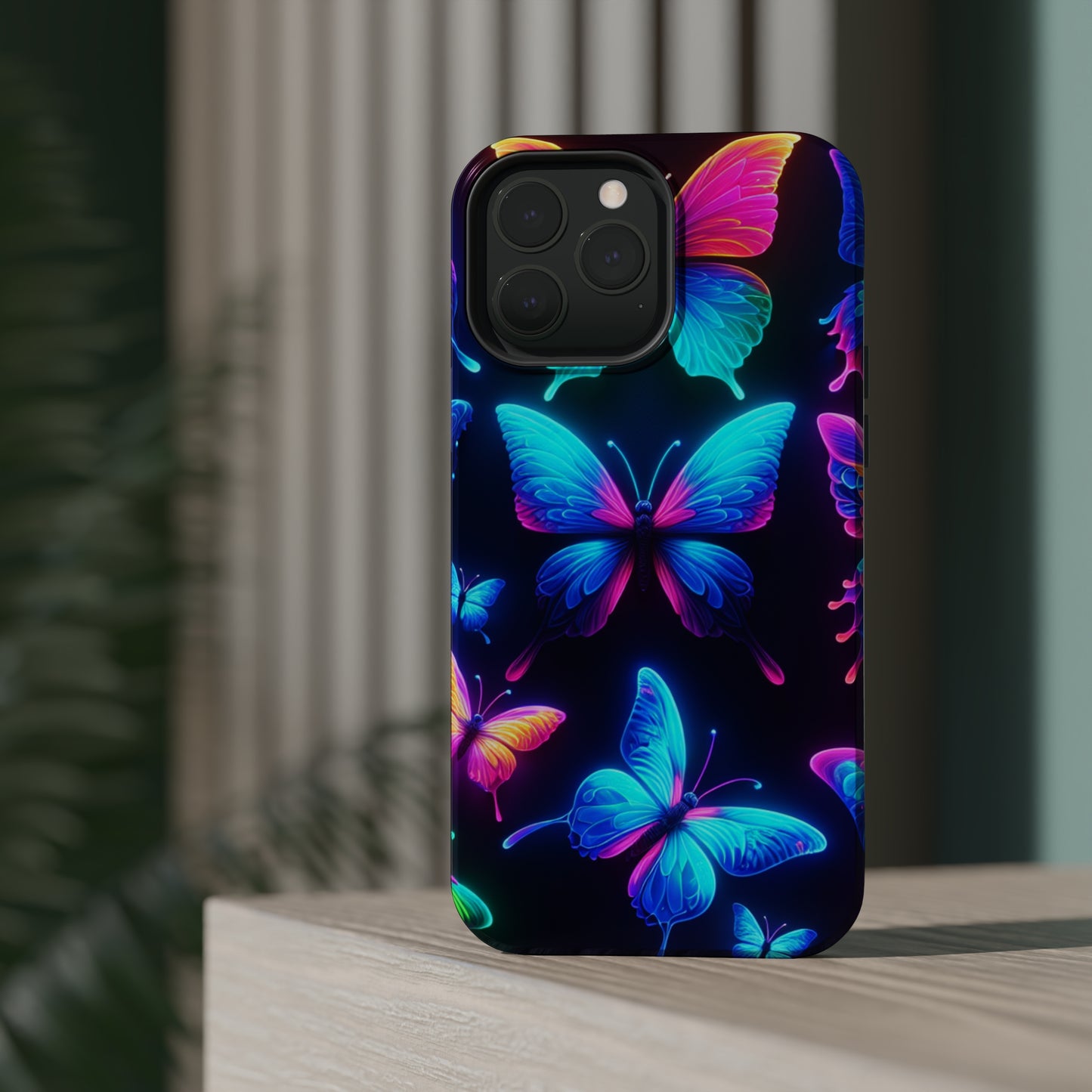 "Neon Flight Frenzy" Neon Butterflies Premium Art Magsafe Magnet Tough IPhone 13 14 15 Pro Plus Max and Mini in Matte and Glossy Phone cases