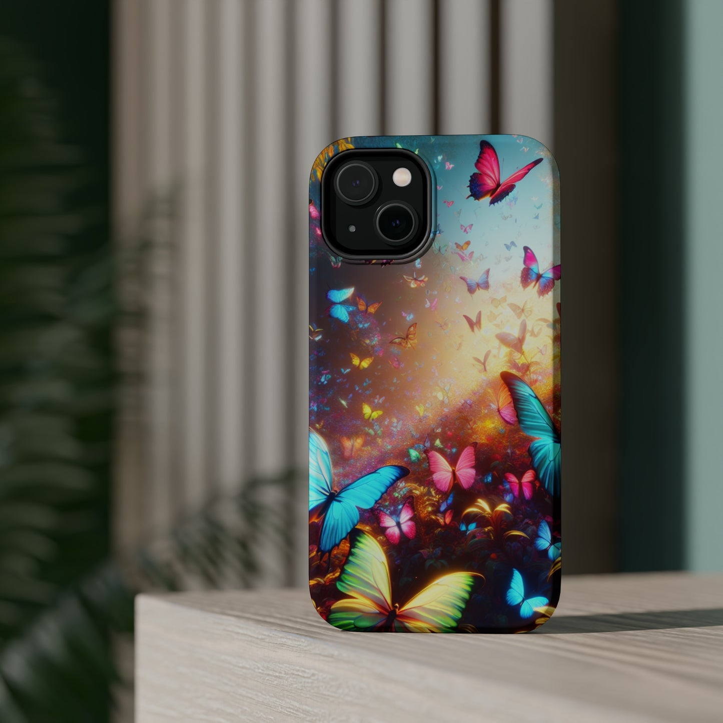 "Neon Butterfly Blooms" Neon Butterflies Premium Art Magsafe Magnet Tough IPhone 13 14 15 Pro Plus Max and Mini in Matte and Glossy Phone cases