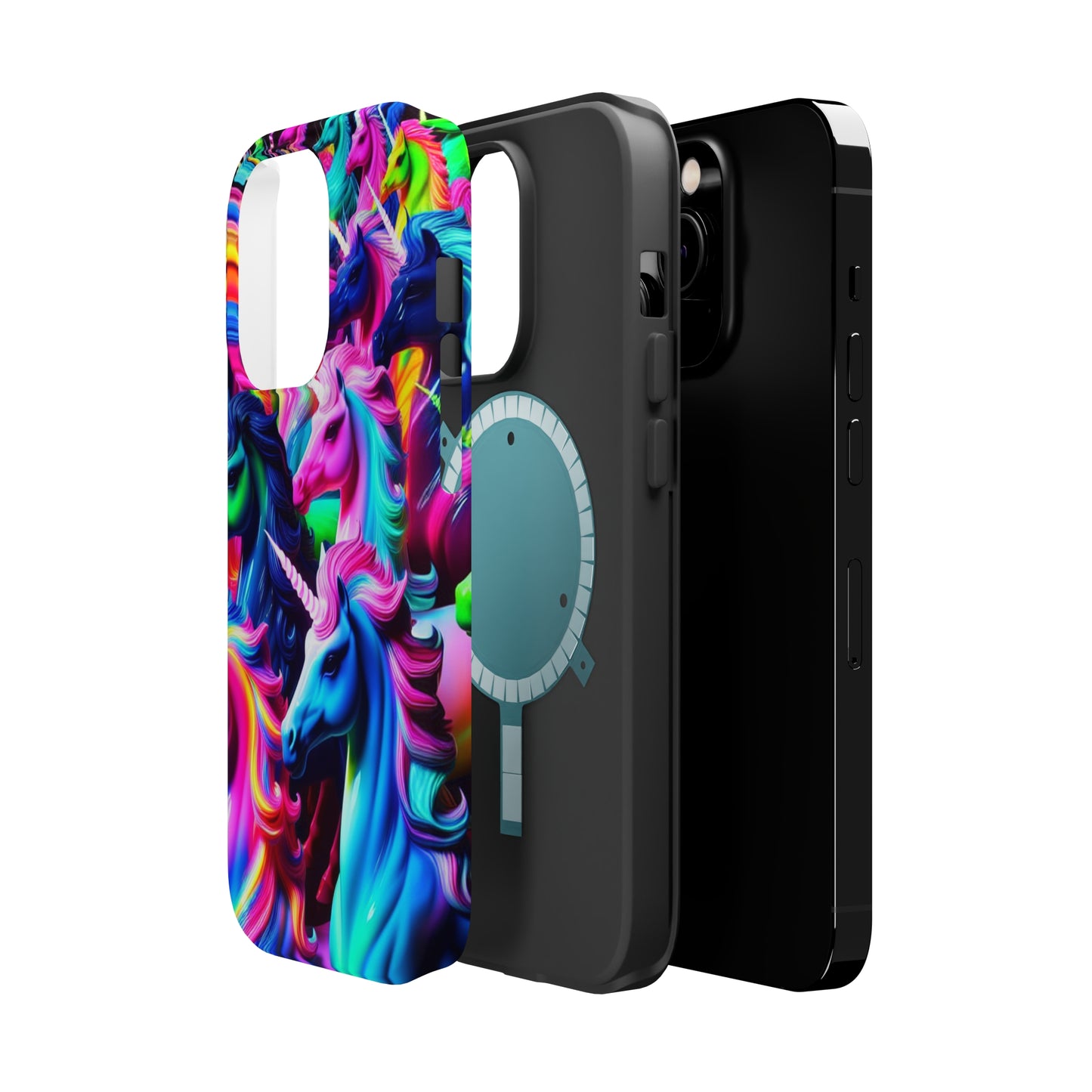 "Neon Illumination" Neon Unicorns Premium Art Magsafe Magnet Tough IPhone 13 14 15 Pro Plus Max and Mini in Matte and Glossy Phone cases