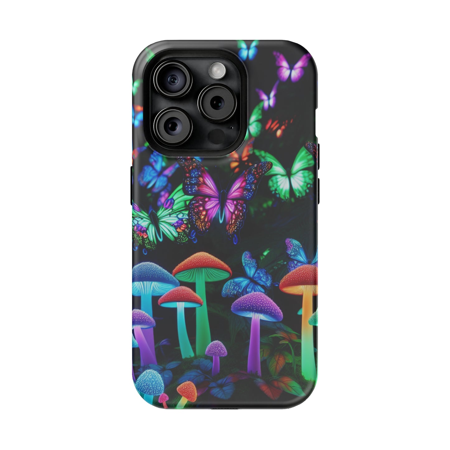 "Neon Burst Wonderland". Neon Butterflies and Mushrooms Premium Art Magsafe Magnet Tough IPhone 13 14 15 Pro Plus Max and Mini in Matte and Glossy Phone cases