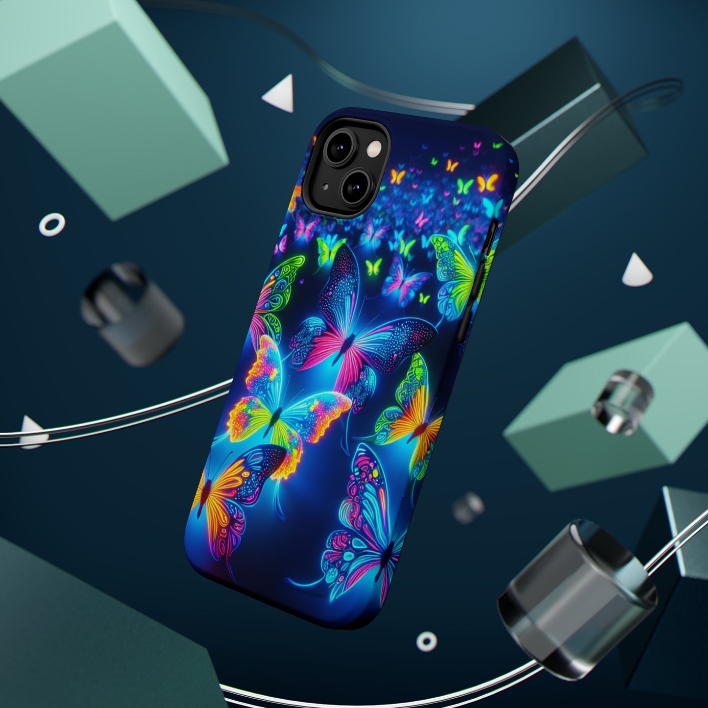 "Atmospheric Fluorescence" Neon Butterflies Premium Art Magsafe Magnet Tough IPhone 13 14 15 Pro Plus Max and Mini in Matte and Glossy Phone cases