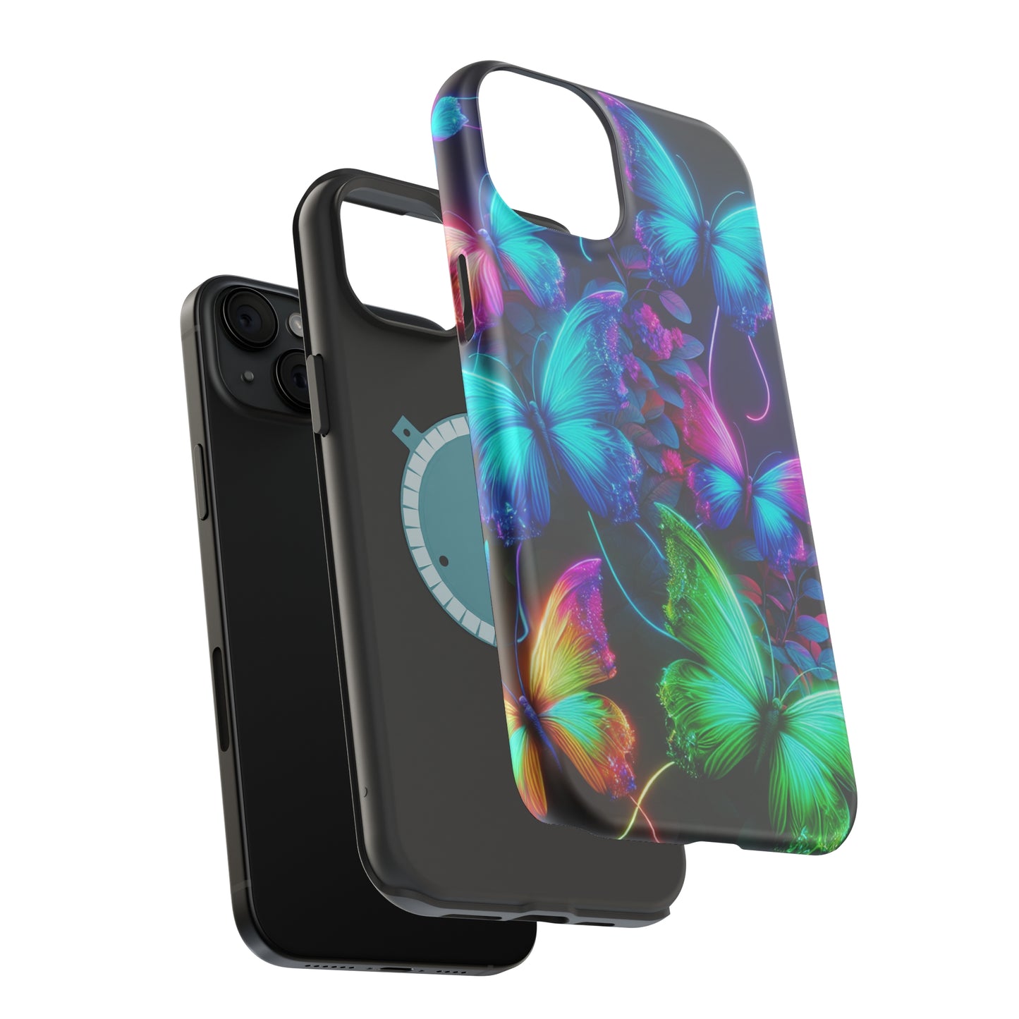 Neon Flutter Symphony Neon Butterflies Premium Art Magsafe Magnet Tough IPhone 13 14 15 Pro Plus Max and Mini in Matte and Glossy Phone cases