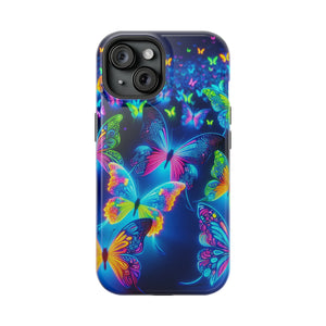 "Atmospheric Fluorescence" Neon Butterflies Premium Art Magsafe Magnet Tough IPhone 13 14 15 Pro Plus Max and Mini in Matte and Glossy Phone cases