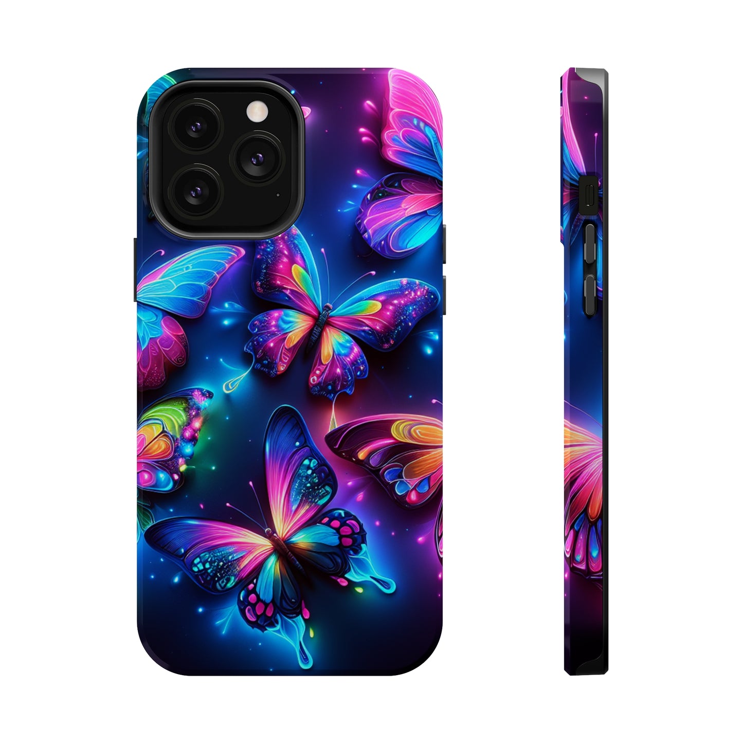 "Neon Butterfly Muster" Neon Butterflies Premium Art Magsafe Magnet Tough IPhone 13 14 15 Pro Plus Max and Mini in Matte and Glossy Phone cases