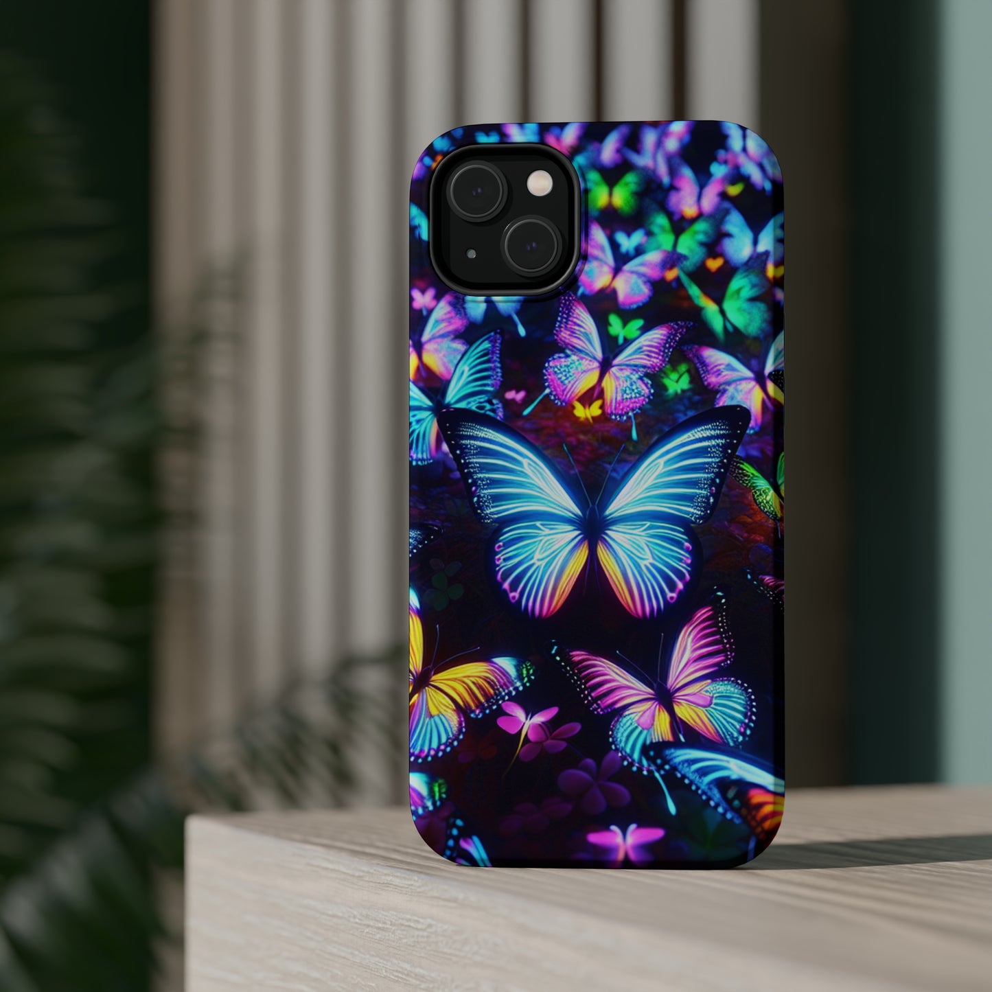 "Neon Butterflies in the Night Sky" Neon Butterflies Premium Art Magsafe Magnet Tough IPhone 13 14 15 Pro Plus Max and Mini in Matte and Glossy Phone cases