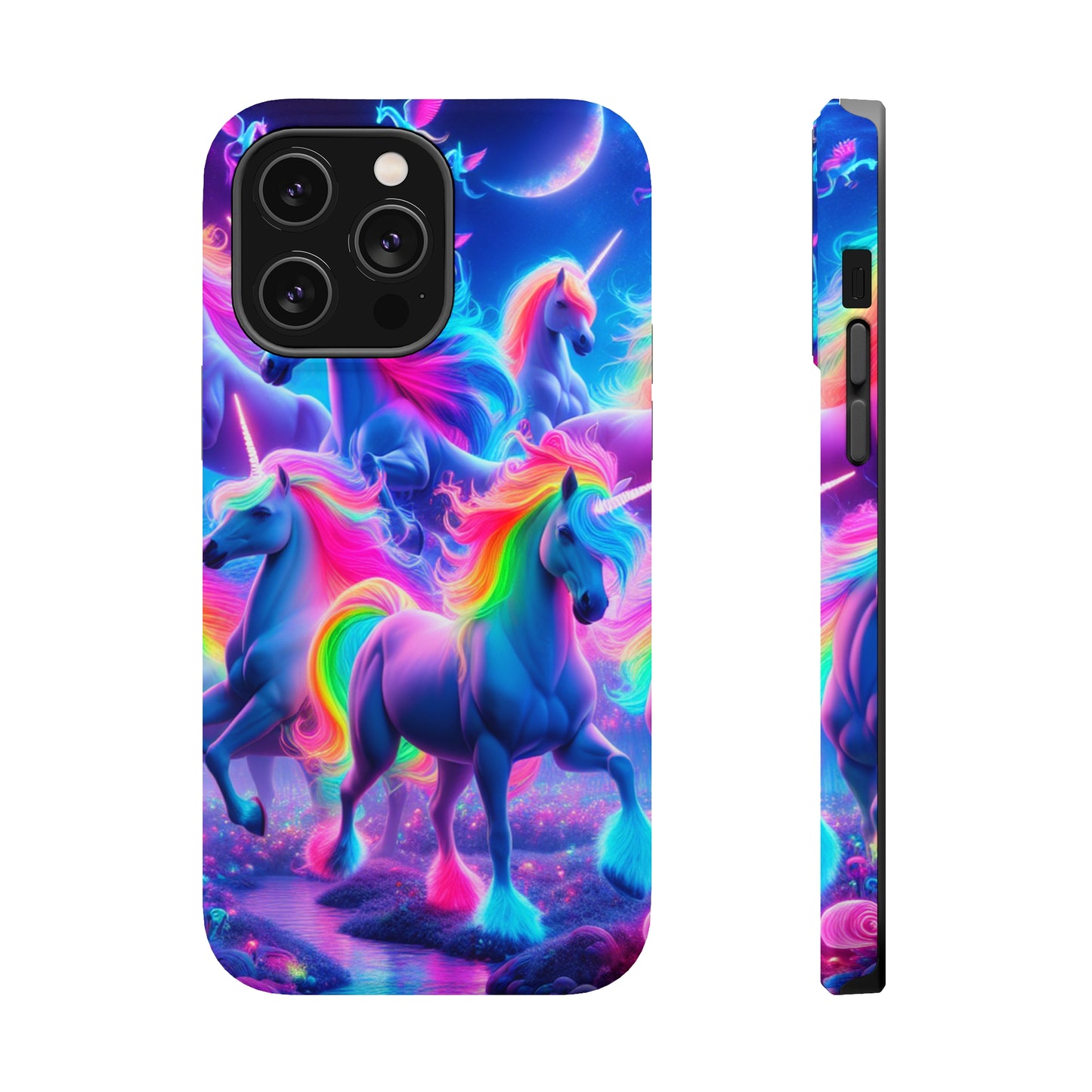 "Unicorn Prism" Neon Unicorns Premium Art Magsafe Magnet Tough IPhone 13 14 15 Pro Plus Max and Mini in Matte and Glossy Phone cases
