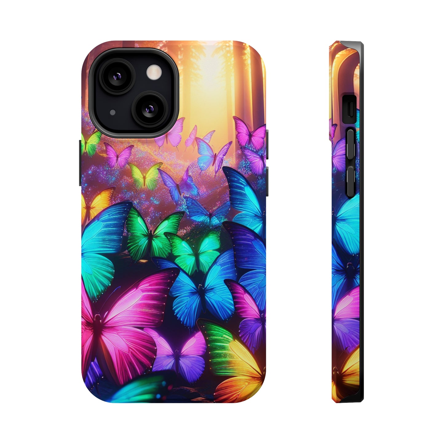 "Radiant Glowing Flight" Neon Butterflies Premium Art Magsafe Magnet Tough IPhone 13 14 15 Pro Plus Max and Mini in Matte and Glossy Phone cases