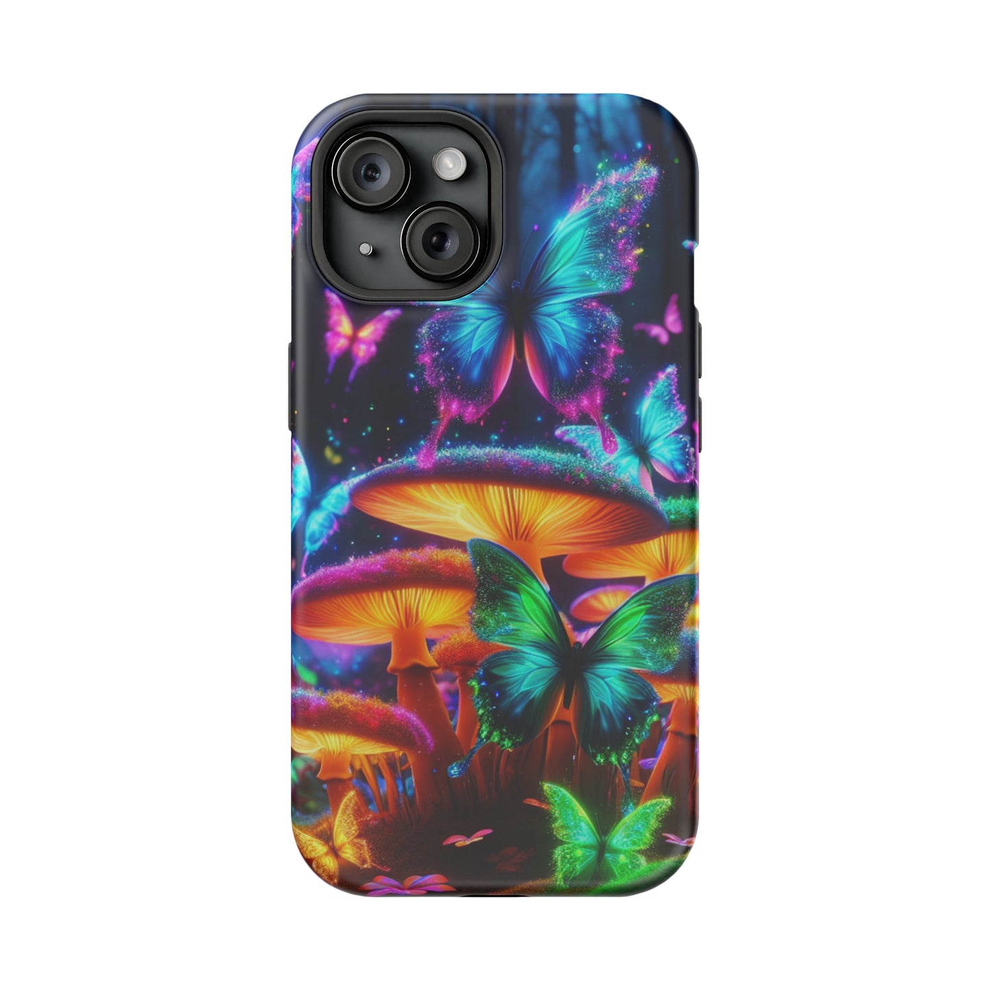 Neon Fantasia. Neon Butterflies and Mushrooms Premium Art Magsafe Magnet Tough IPhone 13 14 15 Pro Plus Max and Mini in Matte and Glossy Phone cases