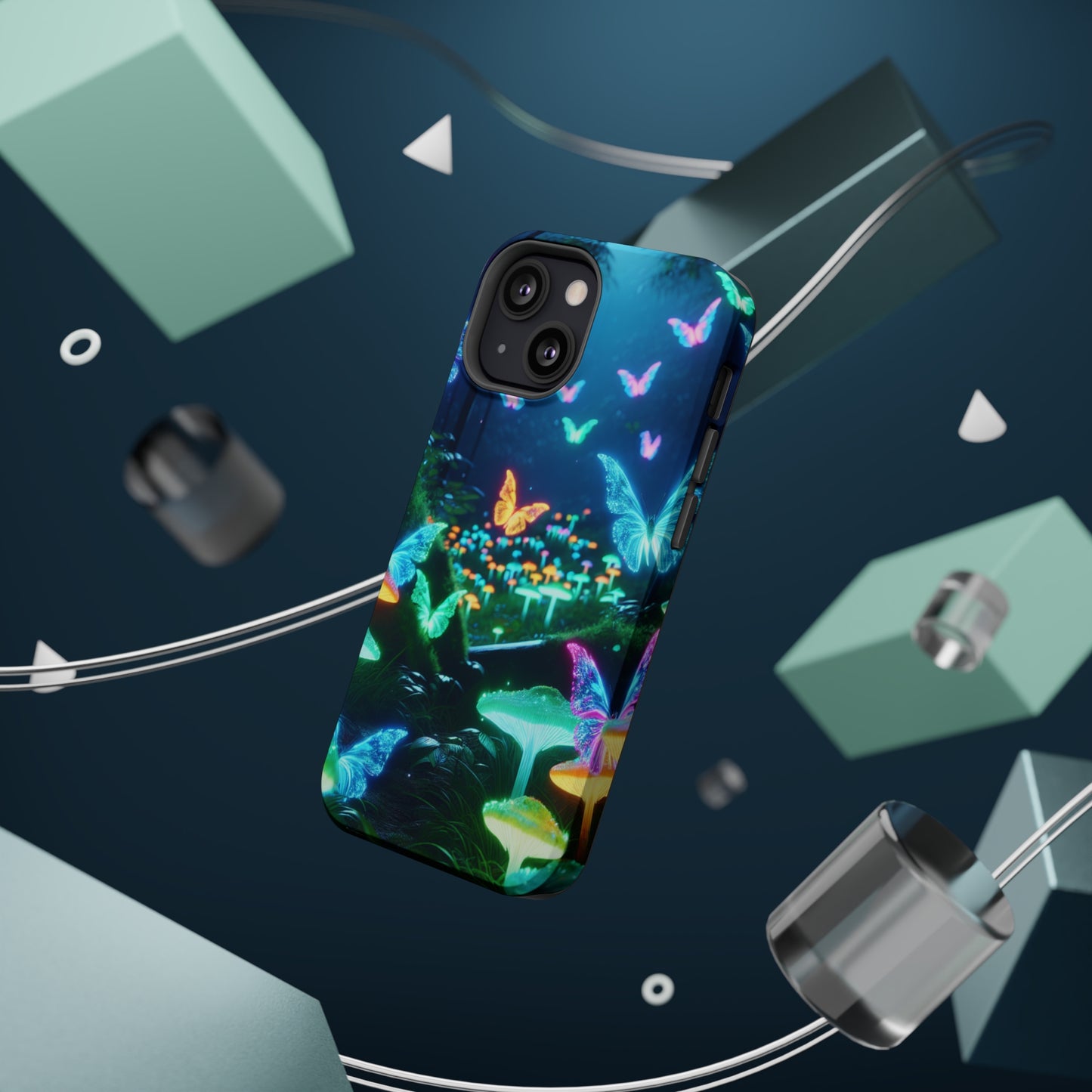"Neon Meadow" Neon Butterflies and Mushrooms Premium Art Magsafe Magnet Tough IPhone 13 14 15 Pro Plus Max and Mini in Matte and Glossy Phone cases