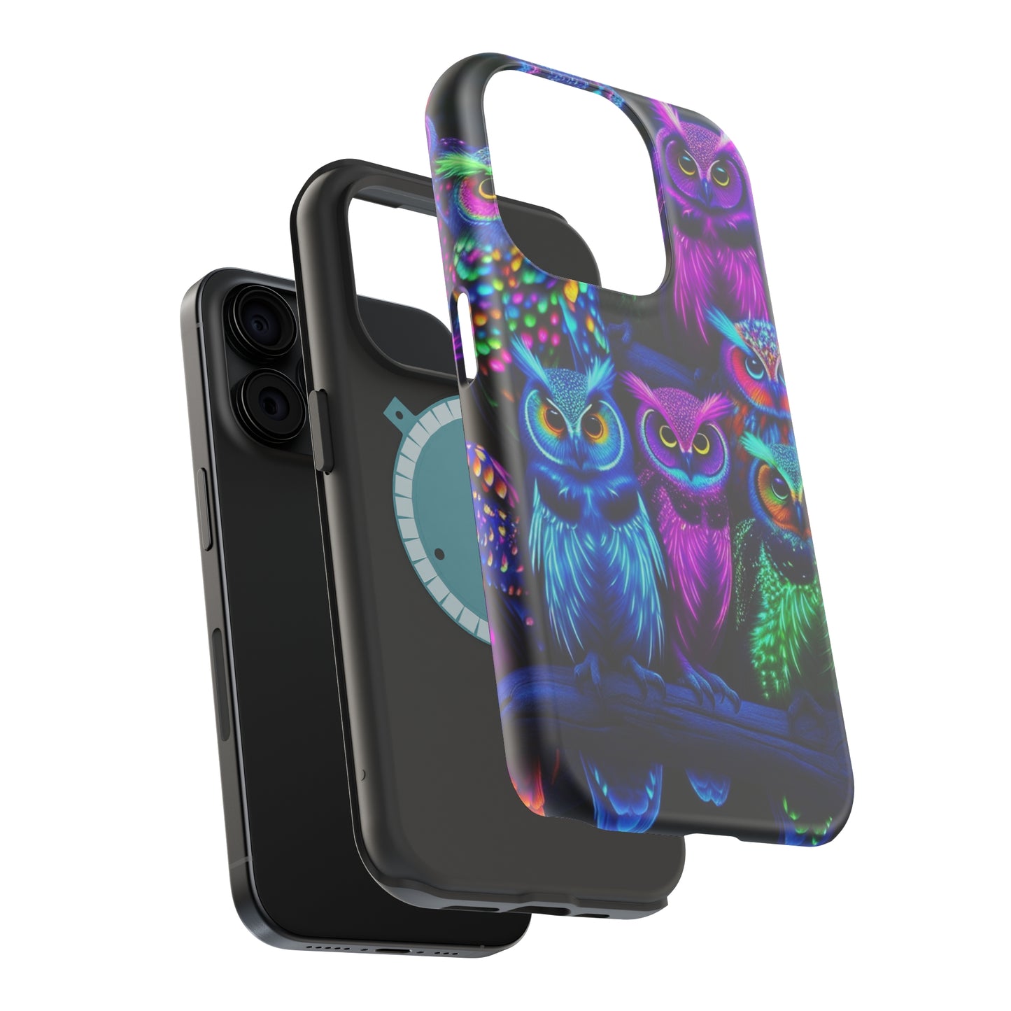 "Neon Nocturne" Neon Owls Premium Art Magsafe Magnet Tough IPhone 13 14 15 Pro Plus Max and Mini in Matte and Glossy Phone cases