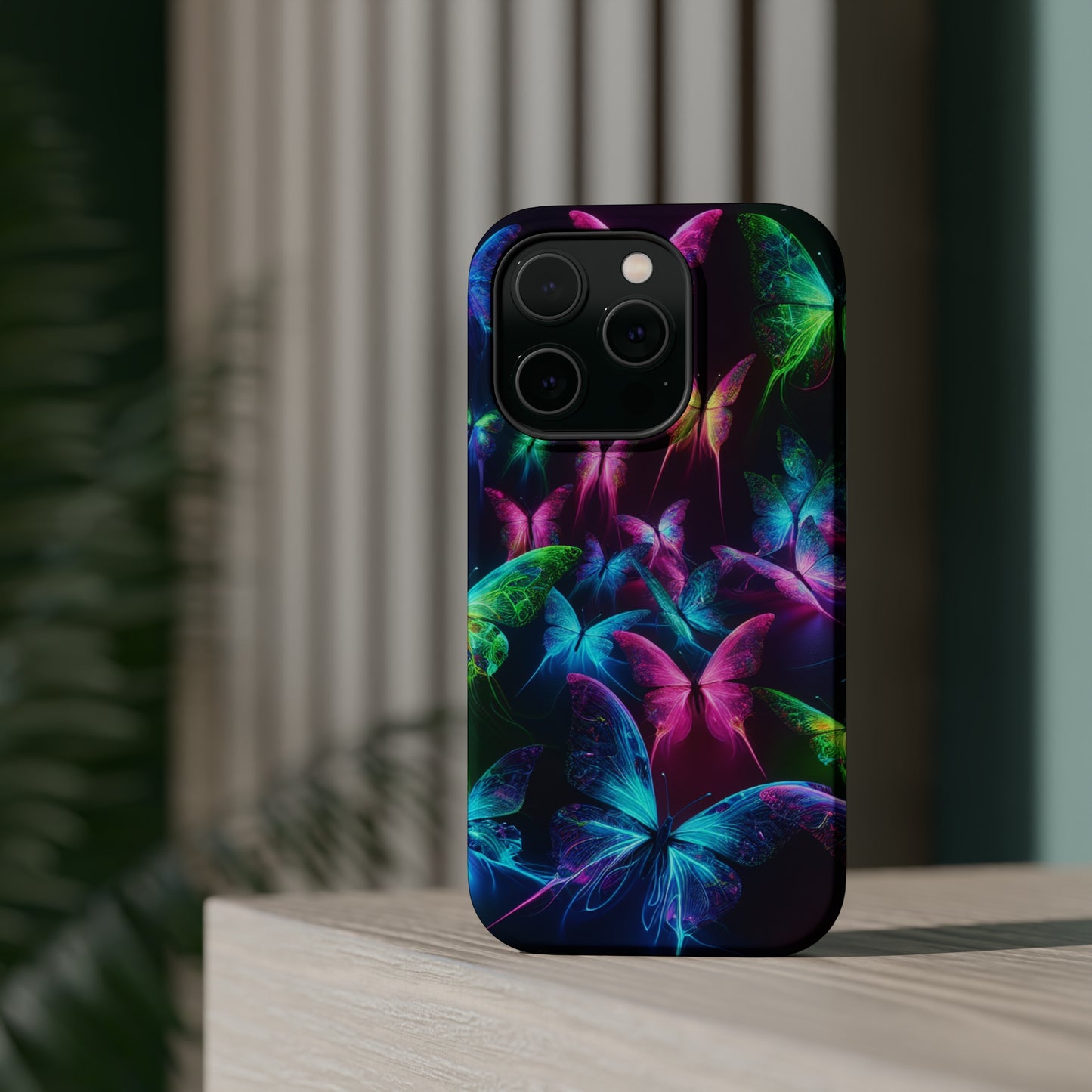 'Euphoria in Neon Flight' Neon Butterflies Premium Art Magsafe Magnet Tough IPhone 13 14 15 Pro Plus Max and Mini in Matte and Glossy Phone cases