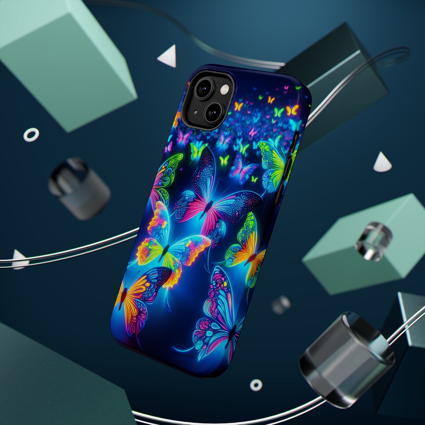 "Atmospheric Fluorescence" Neon Butterflies Premium Art Magsafe Magnet Tough IPhone 13 14 15 Pro Plus Max and Mini in Matte and Glossy Phone cases