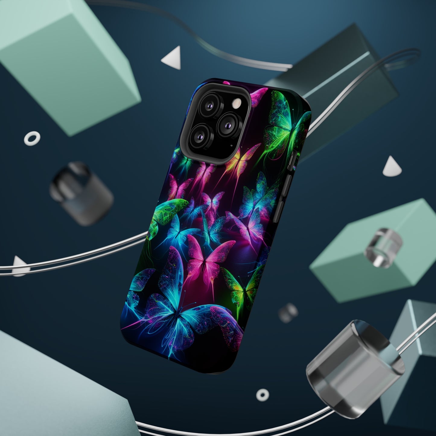 'Euphoria in Neon Flight' Neon Butterflies Premium Art Magsafe Magnet Tough IPhone 13 14 15 Pro Plus Max and Mini in Matte and Glossy Phone cases