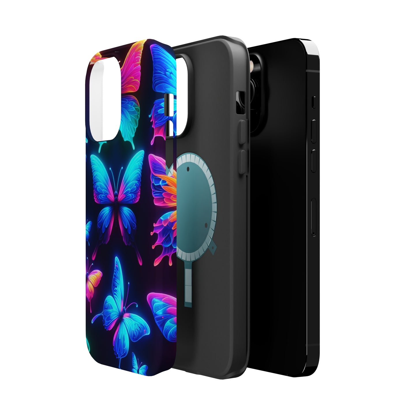 "Neon Flight Frenzy" Neon Butterflies Premium Art Magsafe Magnet Tough IPhone 13 14 15 Pro Plus Max and Mini in Matte and Glossy Phone cases