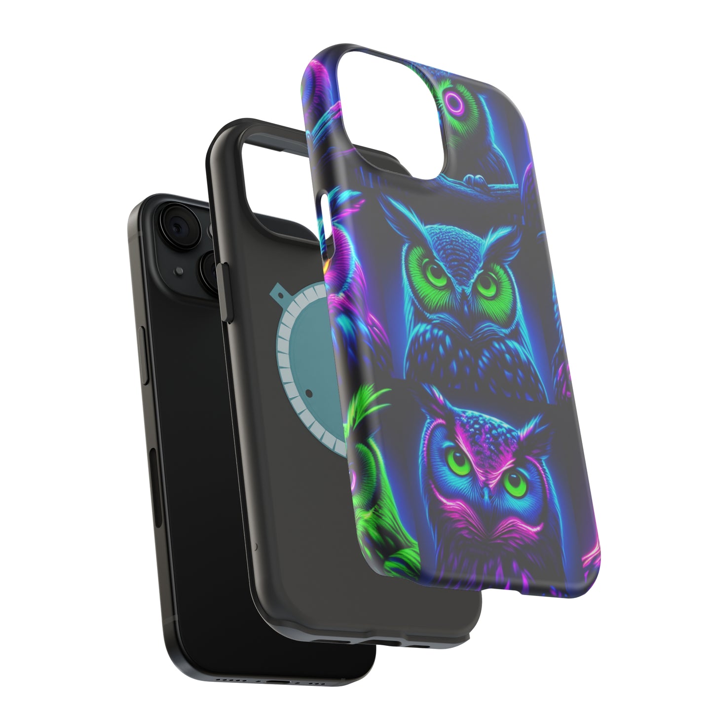 "Neon Nocturne" Neon Owls Premium Art Magsafe Magnet Tough IPhone 13 14 15 Pro Plus Max and Mini in Matte and Glossy Phone cases
