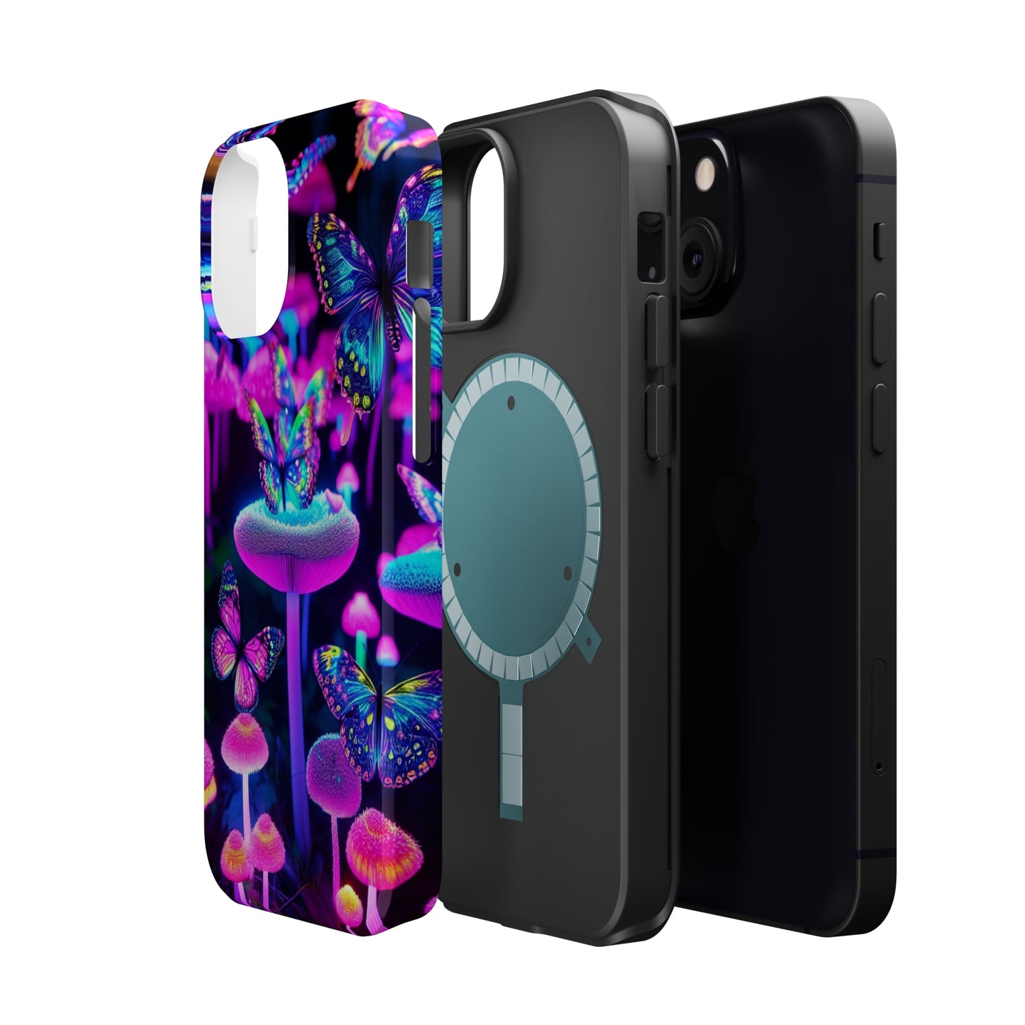 "Neon Gloomsprite Dance" Neon Butterflies and Mushrooms Premium Art Magsafe Magnet Tough IPhone 13 14 15 Pro Plus Max and Mini in Matte and Glossy Phone cases
