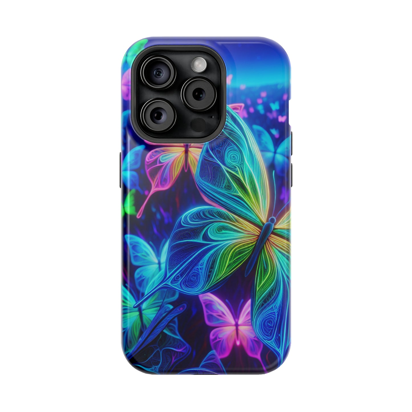 'Serene Spectacle of Neon Butterflies' Neon Butterflies Premium Art Magsafe Magnet Tough IPhone 13 14 15 Pro Plus Max and Mini in Matte and Glossy Phone cases