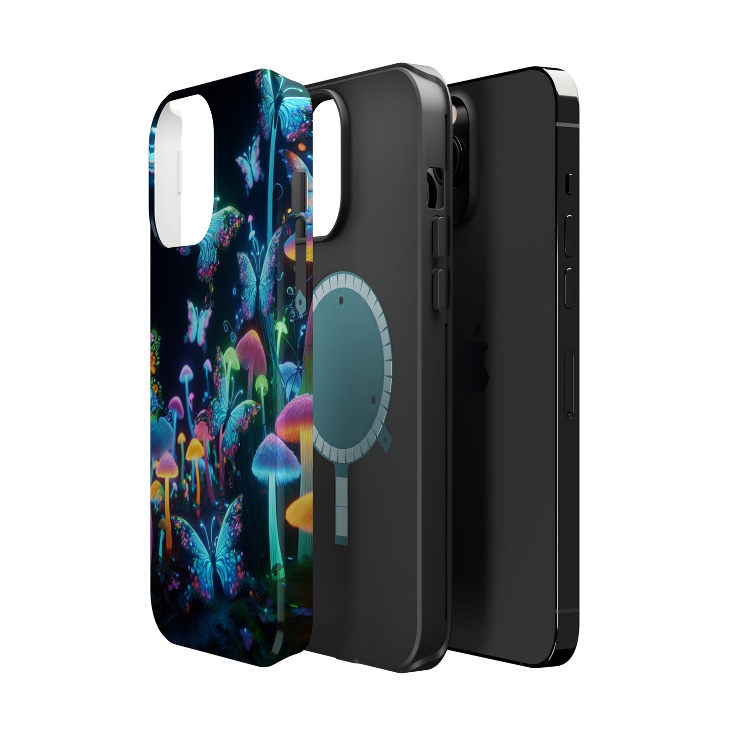 "Neon Dreamscape" Neon Butterflies and Mushrooms Premium Art Magsafe Magnet Tough IPhone 13 14 15 Pro Plus Max and Mini in Matte and Glossy Phone cases