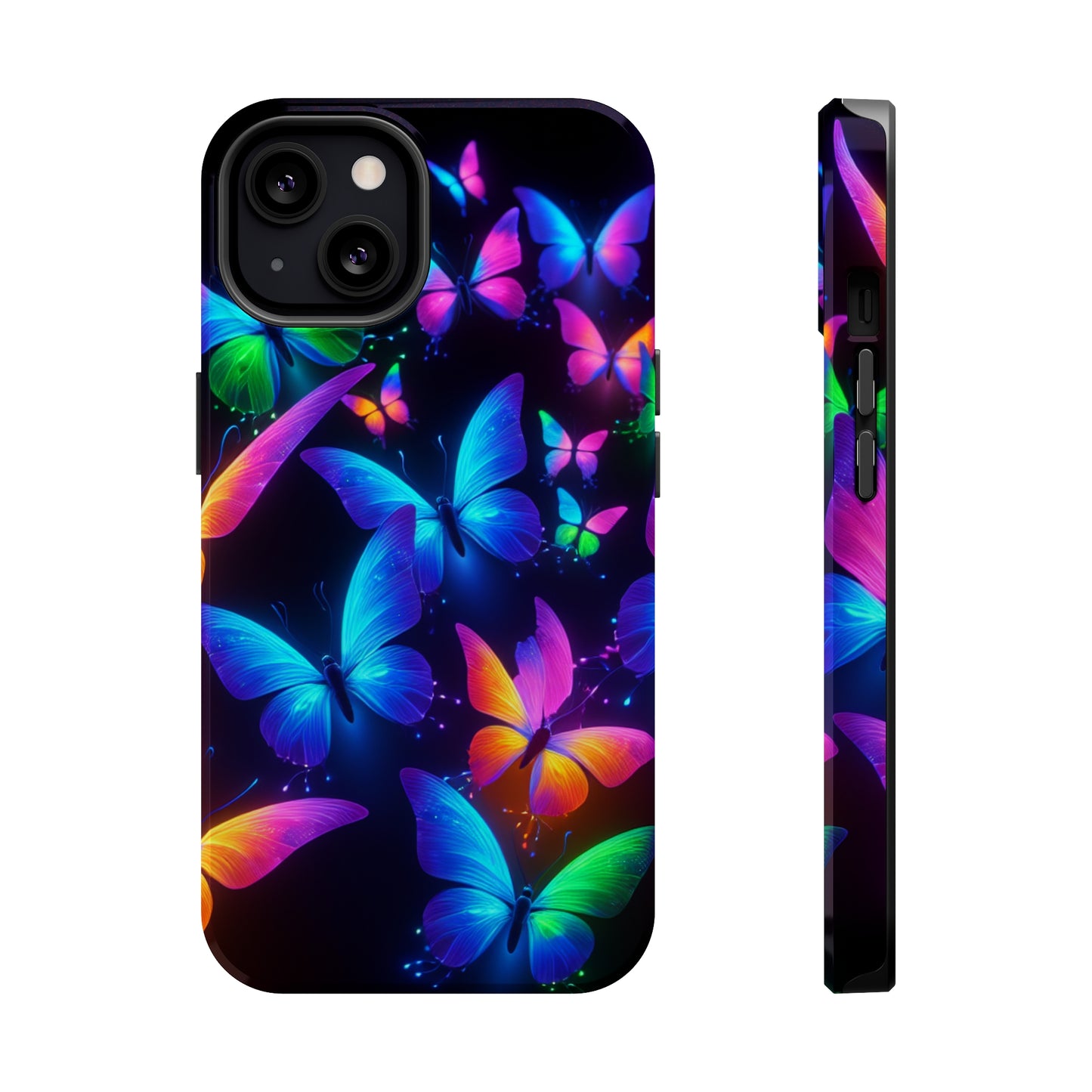 "Vibrant Neon Flutter" Neon Butterflies Premium Art Magsafe Magnet Tough IPhone 13 14 15 Pro Plus Max and Mini in Matte and Glossy Phone cases