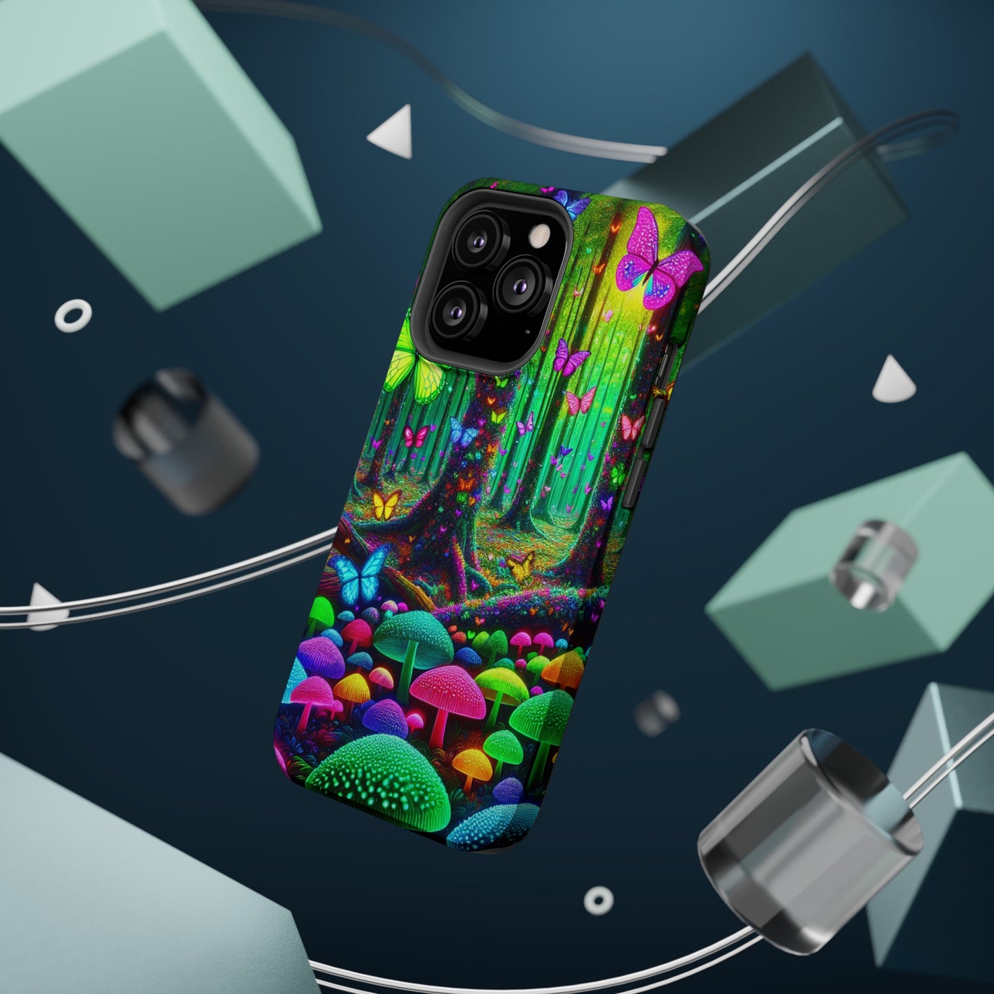 "Neon Garden Symphony". Neon Butterflies and Mushrooms Premium Art Magsafe Magnet Tough IPhone 13 14 15 Pro Plus Max and Mini in Matte and Glossy Phone cases