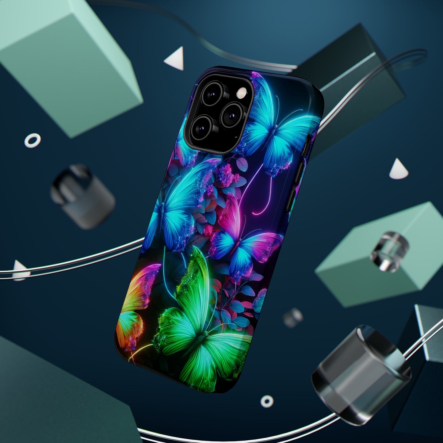 Neon Flutter Symphony Neon Butterflies Premium Art Magsafe Magnet Tough IPhone 13 14 15 Pro Plus Max and Mini in Matte and Glossy Phone cases
