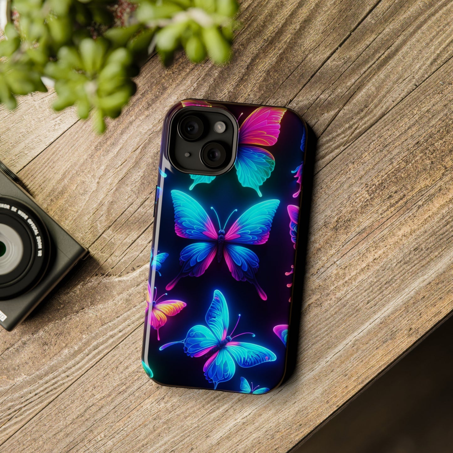 "Neon Flight Frenzy" Neon Butterflies Premium Art Magsafe Magnet Tough IPhone 13 14 15 Pro Plus Max and Mini in Matte and Glossy Phone cases