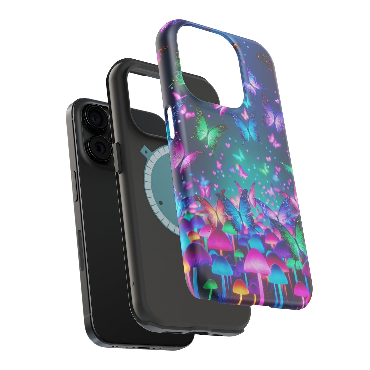 Neon Eden. Neon Butterflies and Mushrooms Premium Art Magsafe Magnet Tough IPhone 13 14 15 Pro Plus Max and Mini in Matte and Glossy Phone cases