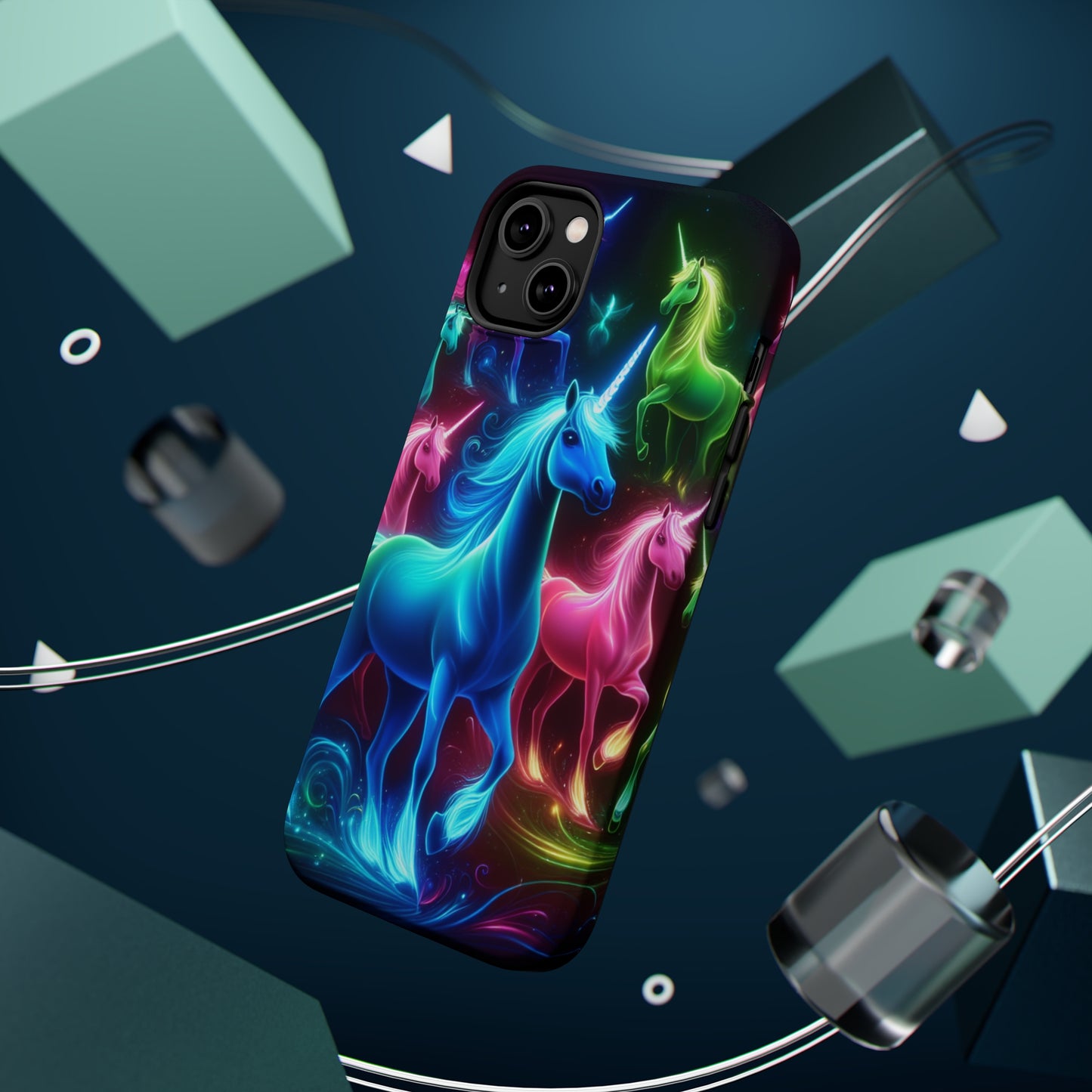 Neon Rainbow Herd. Neon Unicorns Premium Art Magsafe Magnet Tough IPhone 13 14 15 Pro Plus Max and Mini in Matte and Glossy Phone cases
