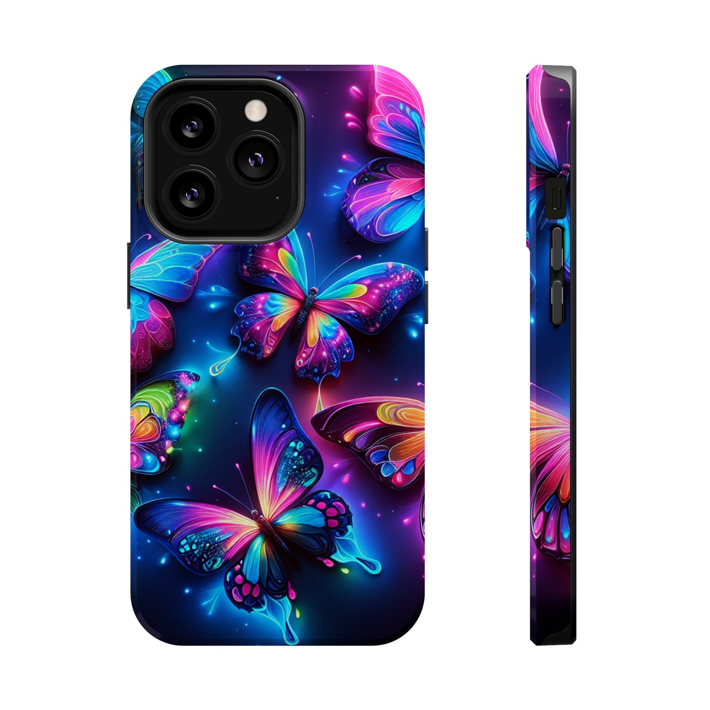 "Neon Butterfly Muster" Neon Butterflies Premium Art Magsafe Magnet Tough IPhone 13 14 15 Pro Plus Max and Mini in Matte and Glossy Phone cases