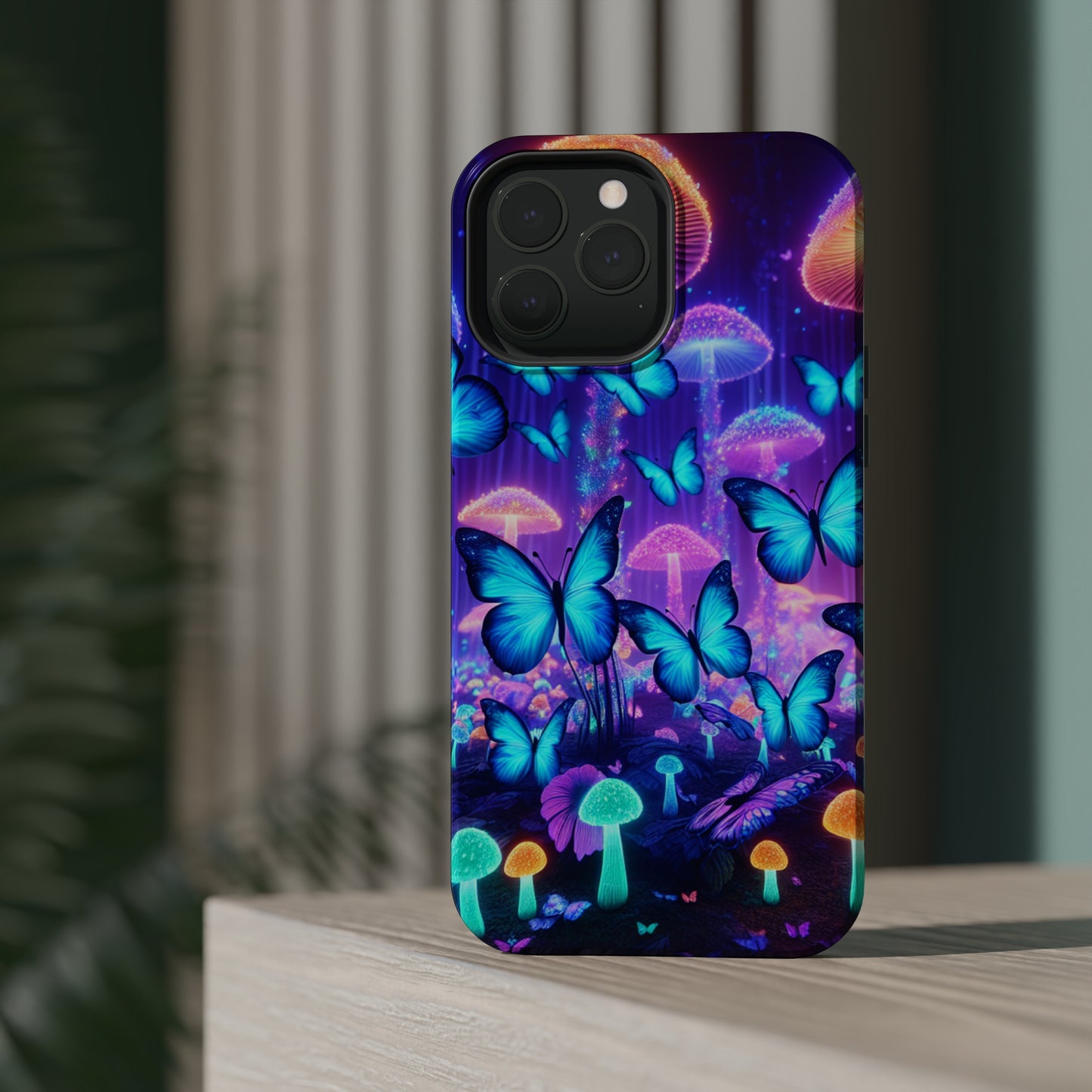 Neon Delight Landscape Neon Butterflies and Mushrooms Premium Art Magsafe Magnet Tough IPhone 13 14 15 Pro Plus Max and Mini in Matte and Glossy Phone cases