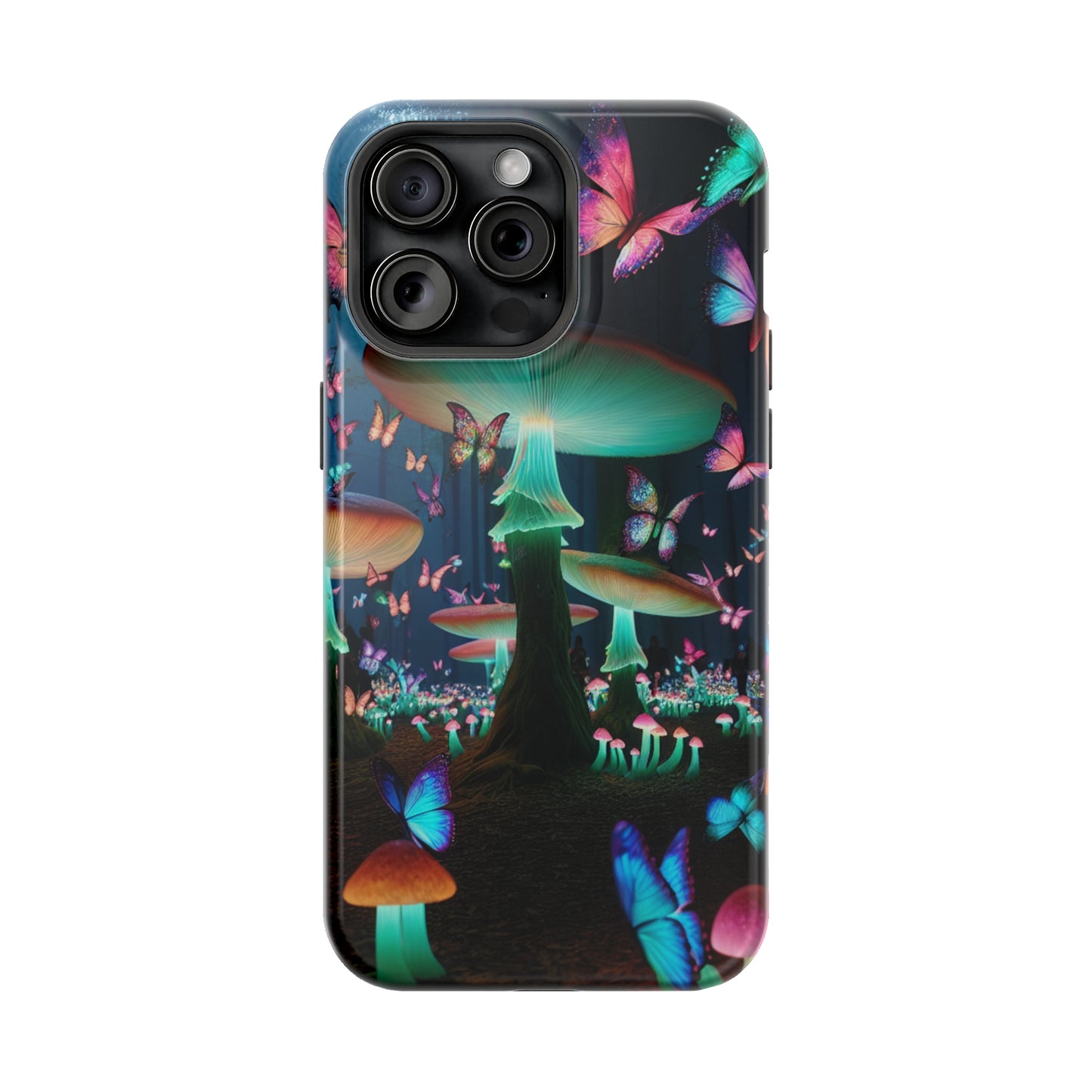 Neon Garden Delight. Neon Butterflies and Mushrooms Premium Art Magsafe Magnet Tough IPhone 13 14 15 Pro Plus Max and Mini in Matte and Glossy Phone cases
