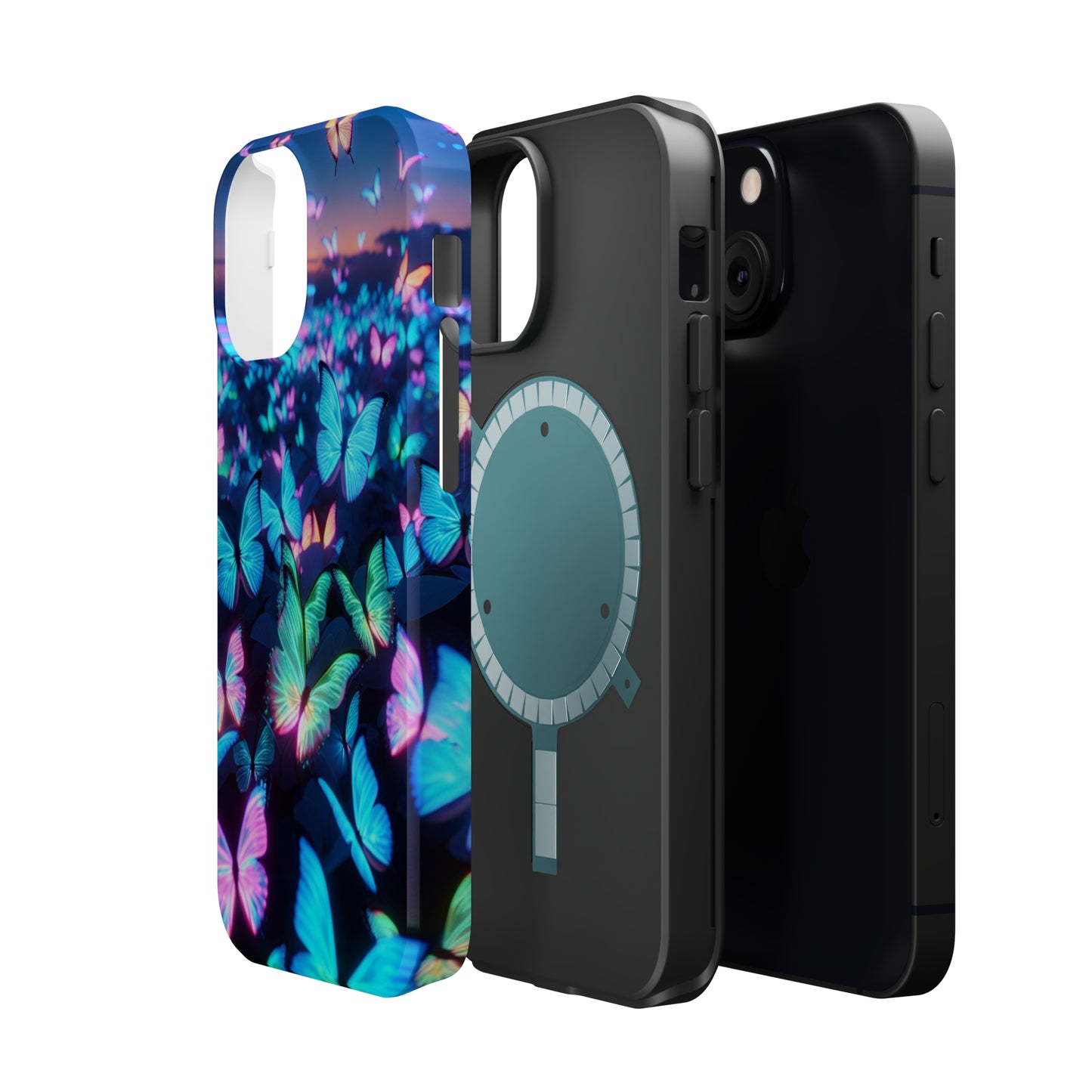"Fantasia of Neon Butterflies" Neon Butterflies Premium Art Magsafe Magnet Tough IPhone 13 14 15 Pro Plus Max and Mini in Matte and Glossy Phone cases