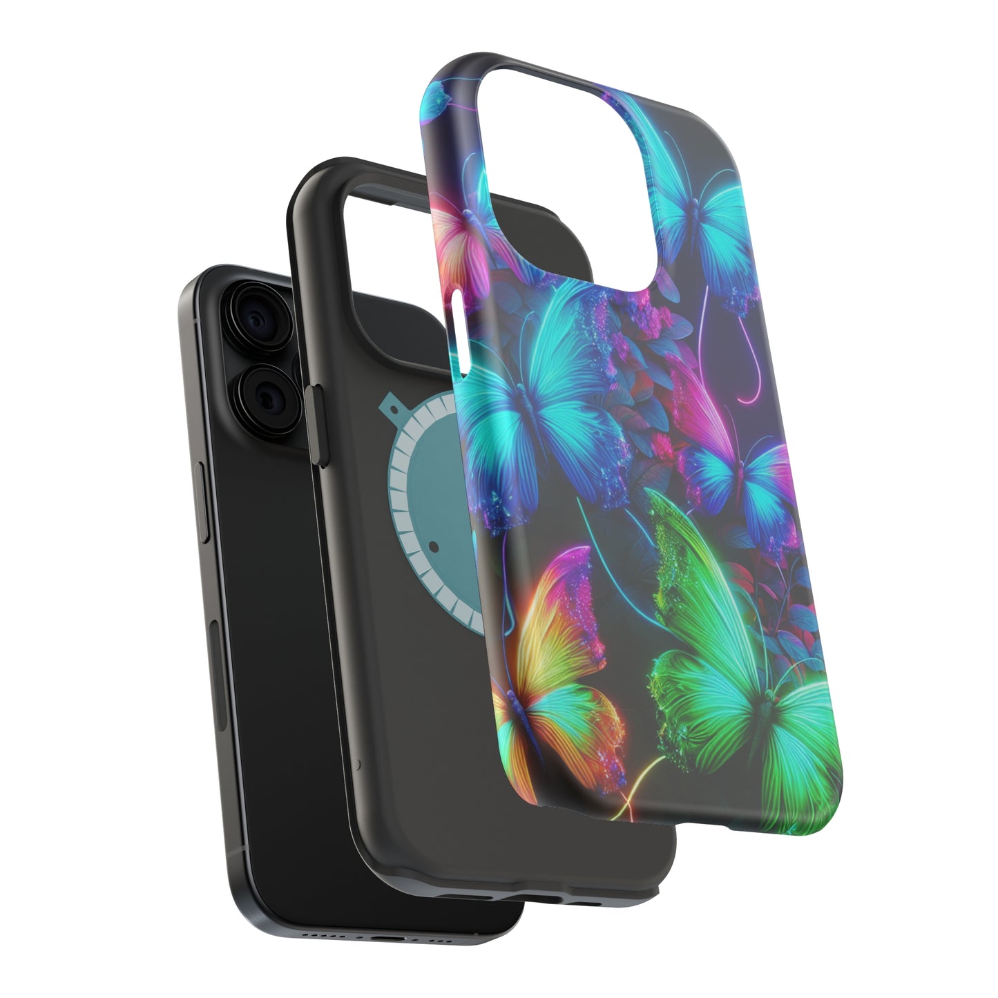 Neon Flutter Symphony Neon Butterflies Premium Art Magsafe Magnet Tough IPhone 13 14 15 Pro Plus Max and Mini in Matte and Glossy Phone cases