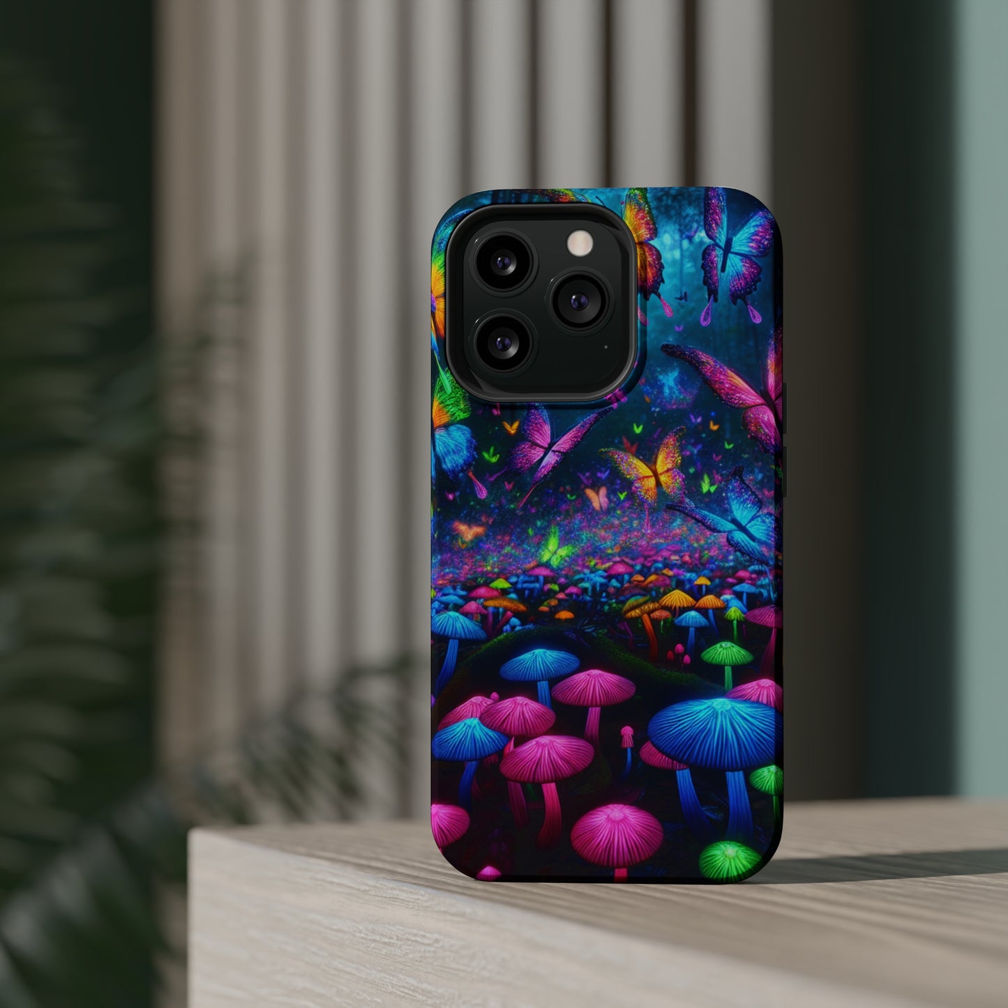 Neon Fruition Neon Butterflies and Mushrooms Premium Art Magsafe Magnet Tough IPhone 13 14 15 Pro Plus Max and Mini in Matte and Glossy Phone cases