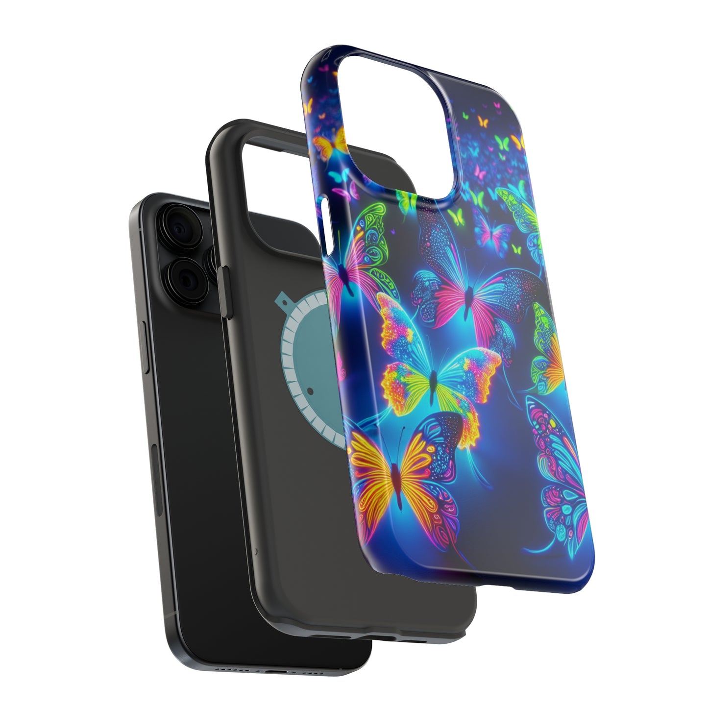 "Atmospheric Fluorescence" Neon Butterflies Premium Art Magsafe Magnet Tough IPhone 13 14 15 Pro Plus Max and Mini in Matte and Glossy Phone cases