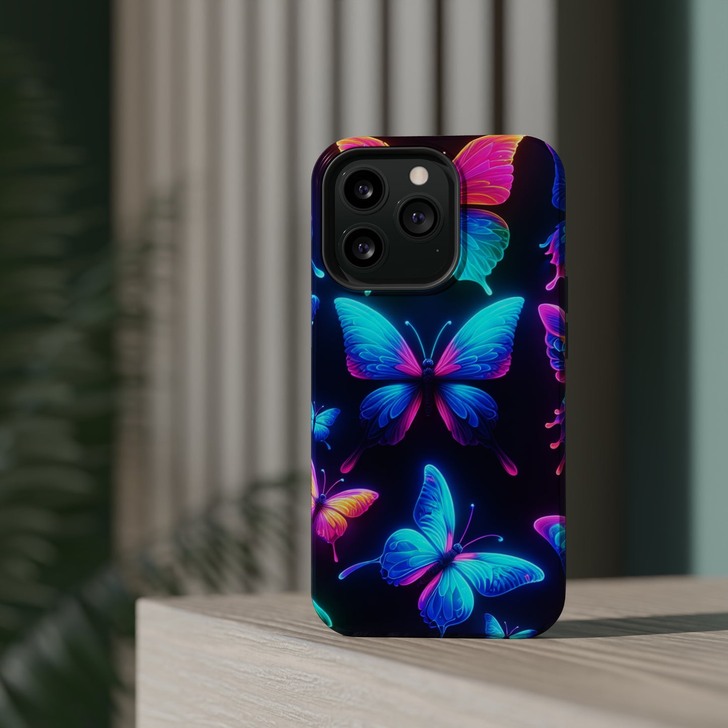 "Neon Flight Frenzy" Neon Butterflies Premium Art Magsafe Magnet Tough IPhone 13 14 15 Pro Plus Max and Mini in Matte and Glossy Phone cases
