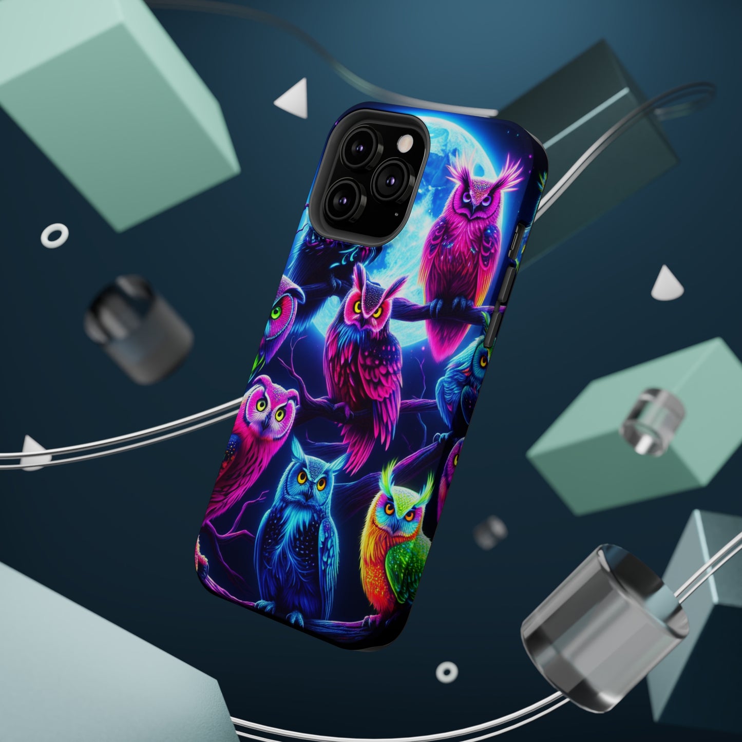 "Neon Splash of Owls" Neon Owls Premium Art Magsafe Magnet Tough IPhone 13 14 15 Pro Plus Max and Mini in Matte and Glossy Phone cases