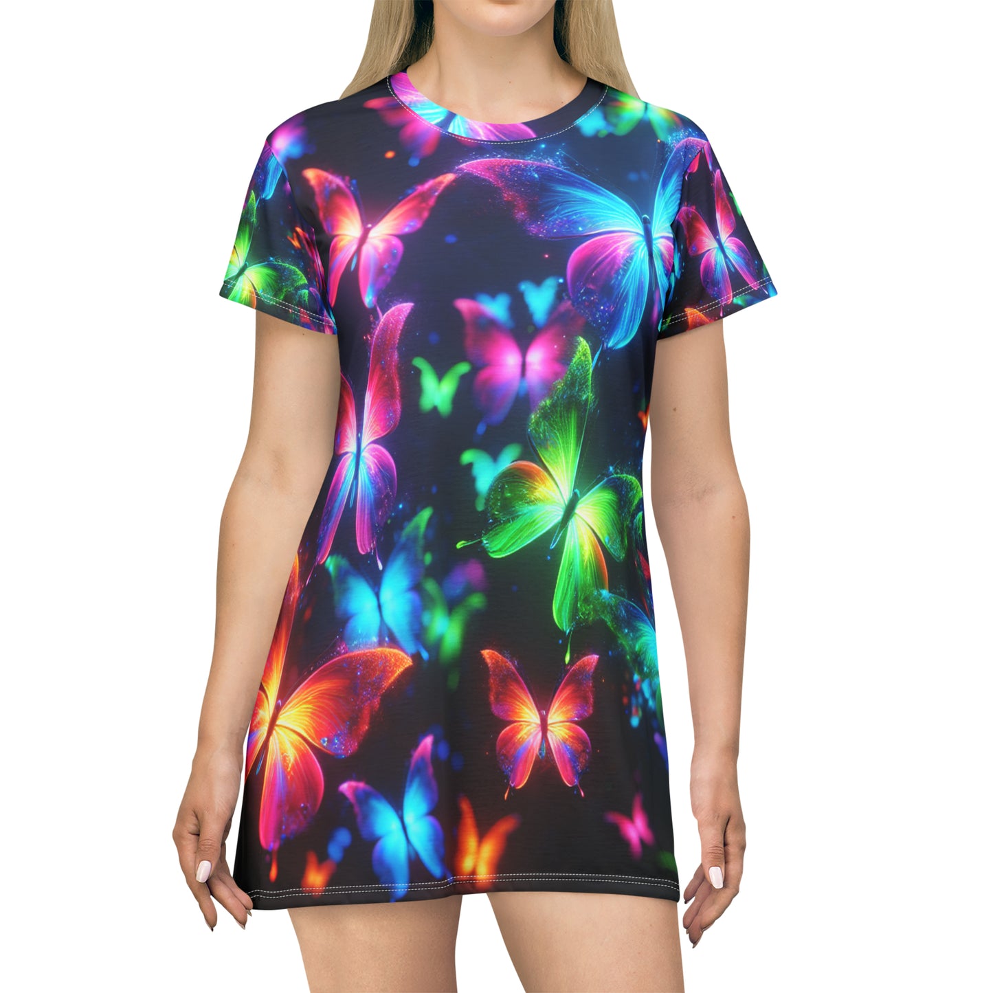 "Aurora Borealis Flutterby" Neon Butterflies Womans T Shirt Dress