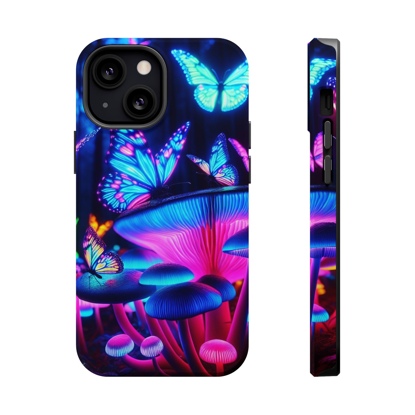 Neon Fantasy Garden Neon Butterflies and Mushrooms Premium Art Magsafe Magnet Tough IPhone 13 14 15 Pro Plus Max and Mini in Matte and Glossy Phone cases