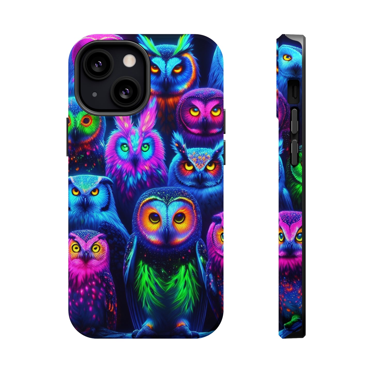 Neon Nocturnal Nook Neon Owls Premium Art Magsafe Magnet Tough IPhone 13 14 15 Pro Plus Max and Mini in Matte and Glossy Phone cases