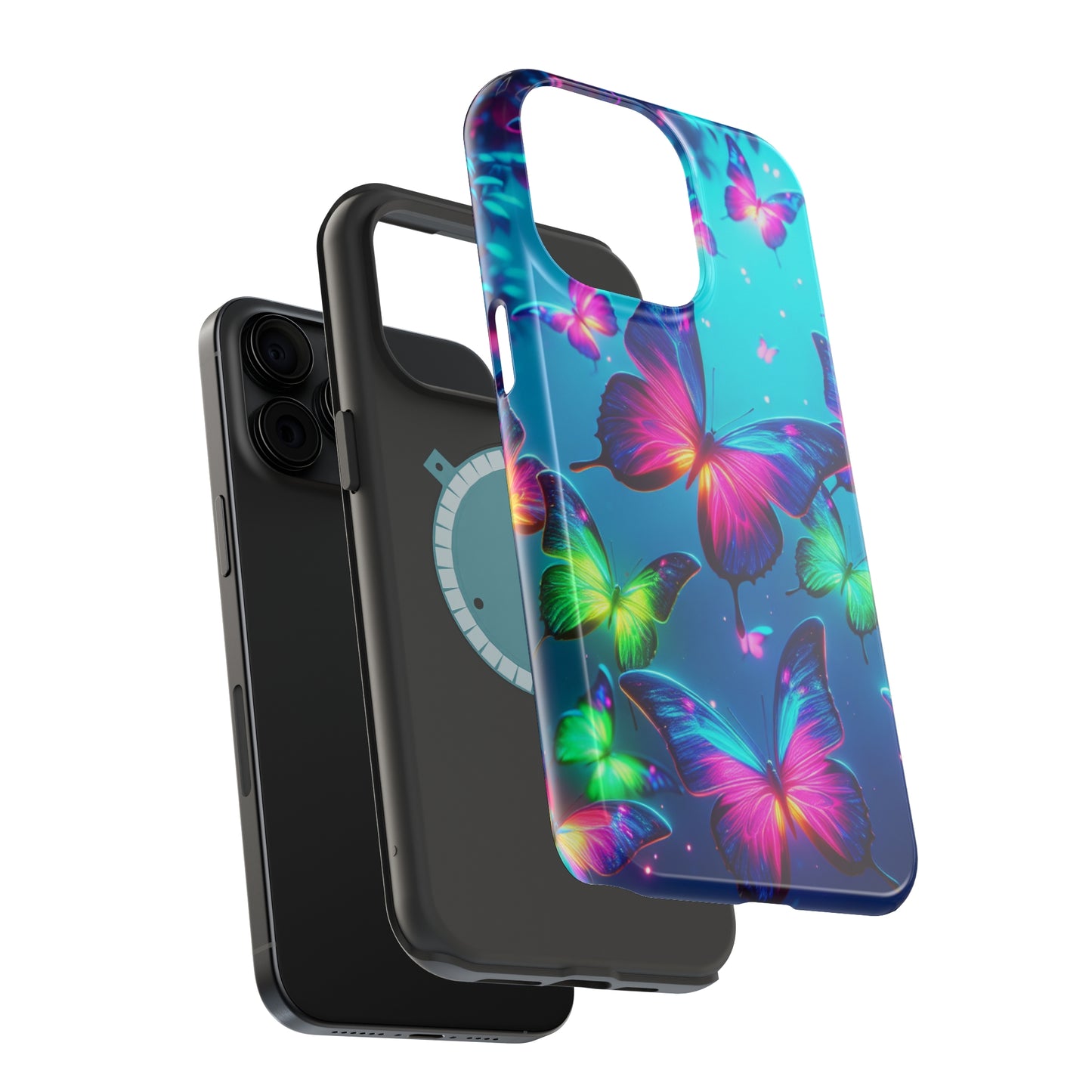 Vivid Glinting Neon Butterflies Neon Butterflies Premium Art Magsafe Magnet Tough IPhone 13 14 15 Pro Plus Max and Mini in Matte and Glossy Phone cases