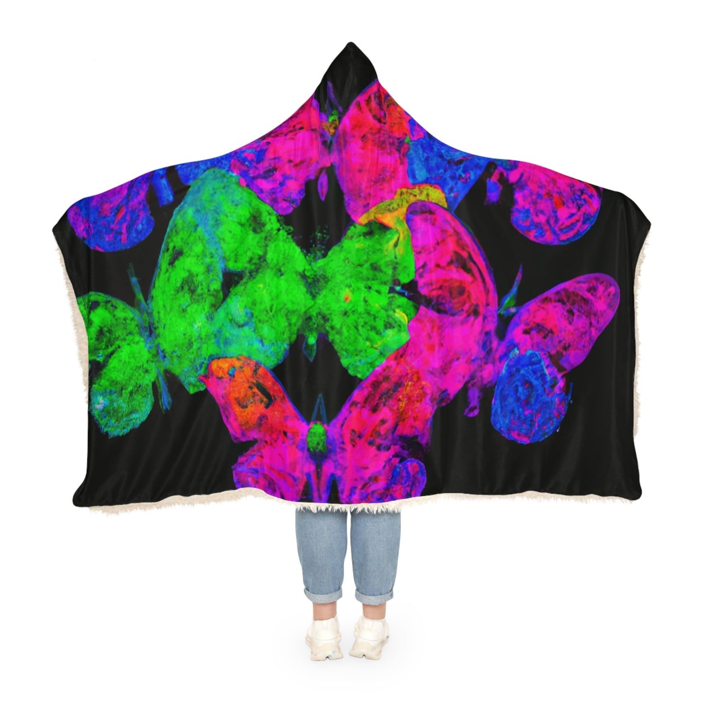 "Neon Butterflies in Flight" - NEON Butterflies Art Hooded Snuggle Blanket