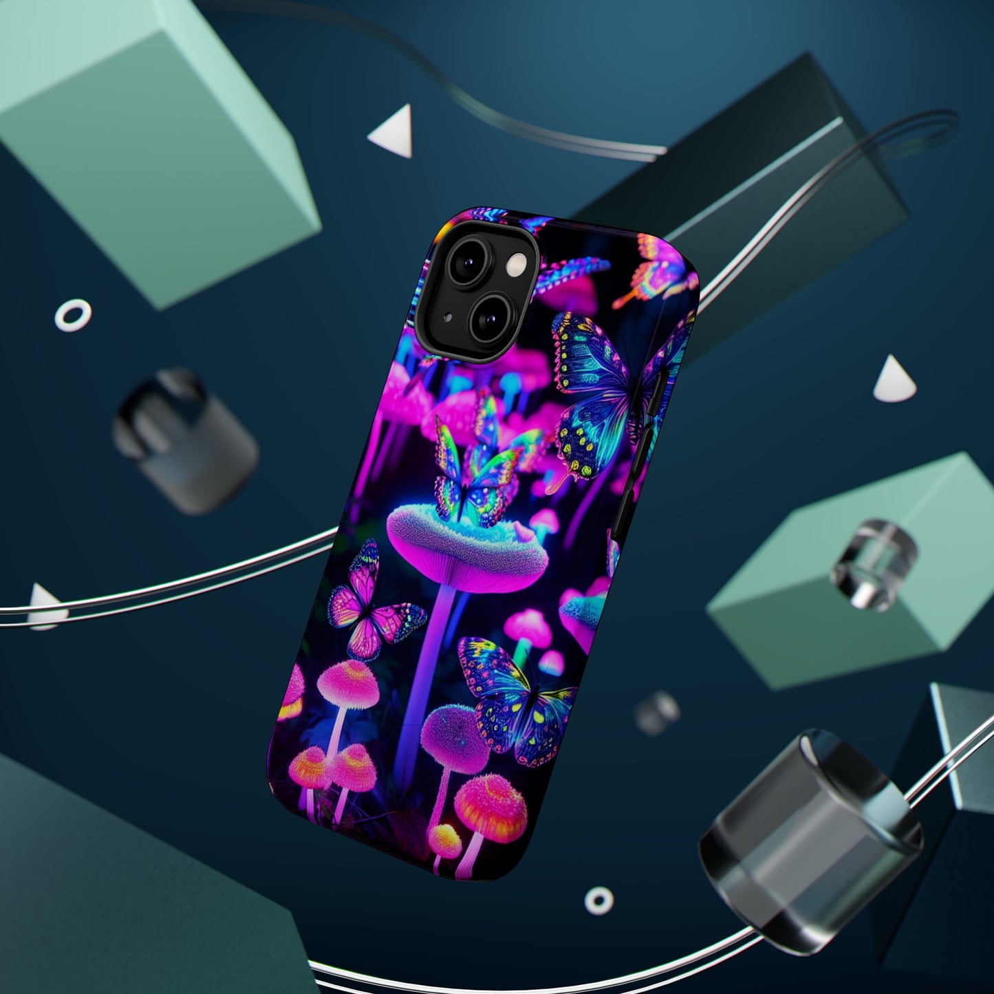 "Neon Gloomsprite Dance" Neon Butterflies and Mushrooms Premium Art Magsafe Magnet Tough IPhone 13 14 15 Pro Plus Max and Mini in Matte and Glossy Phone cases
