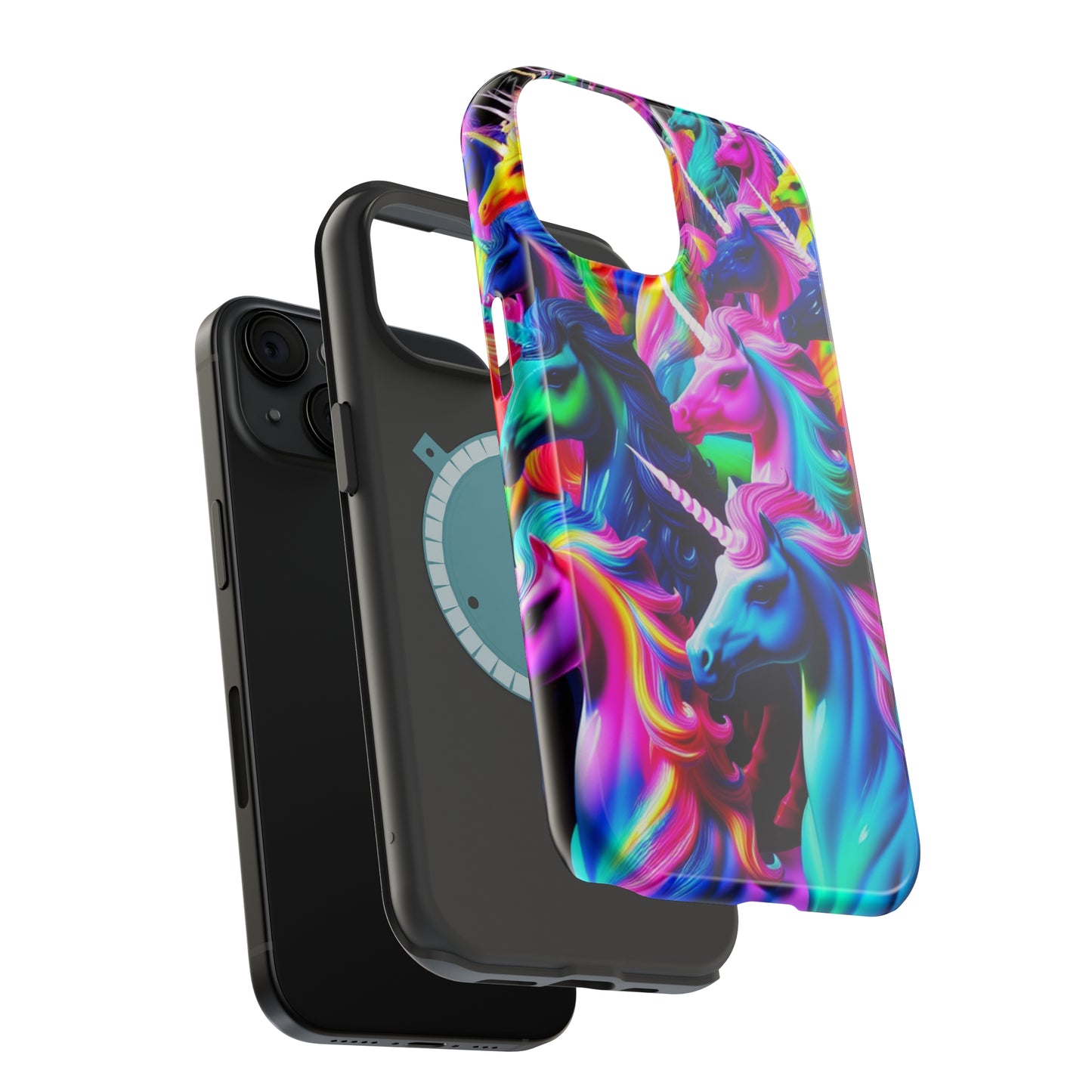 "Neon Illumination" Neon Unicorns Premium Art Magsafe Magnet Tough IPhone 13 14 15 Pro Plus Max and Mini in Matte and Glossy Phone cases