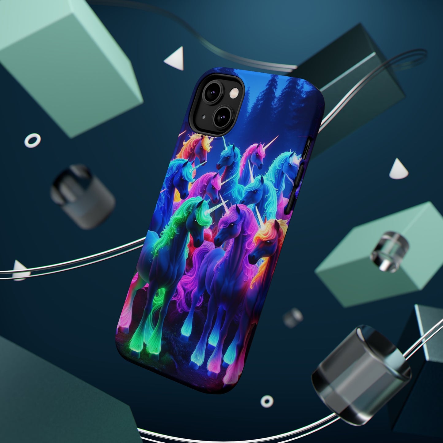 "Neon Fantasyland" Neon Unicorns Premium Art Magsafe Magnet Tough IPhone 13 14 15 Pro Plus Max and Mini in Matte and Glossy Phone cases