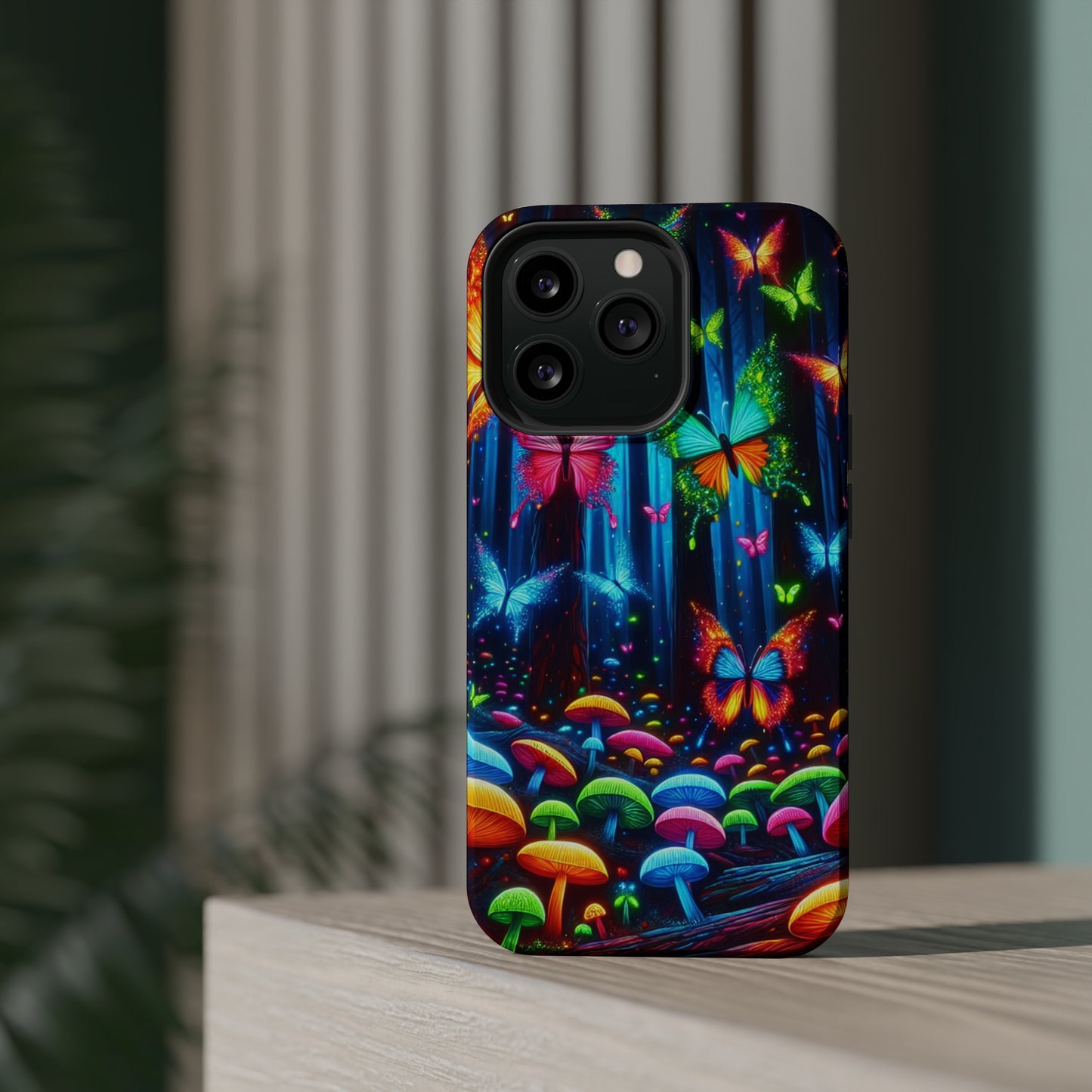 Neon Fantasia. Neon Butterflies and Mushrooms Premium Art Magsafe Magnet Tough IPhone 13 14 15 Pro Plus Max and Mini in Matte and Glossy Phone cases