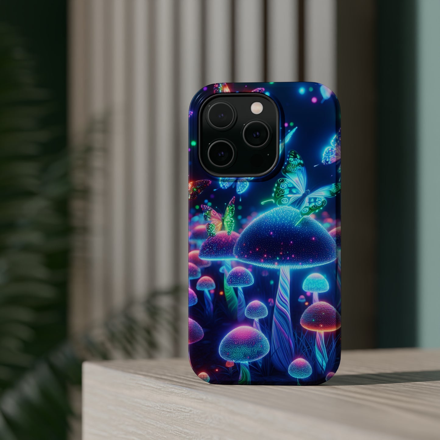 Neon Glitterbug Heaven. Neon Butterflies and Mushrooms Premium Art Magsafe Magnet Tough IPhone 13 14 15 Pro Plus Max and Mini in Matte and Glossy Phone cases