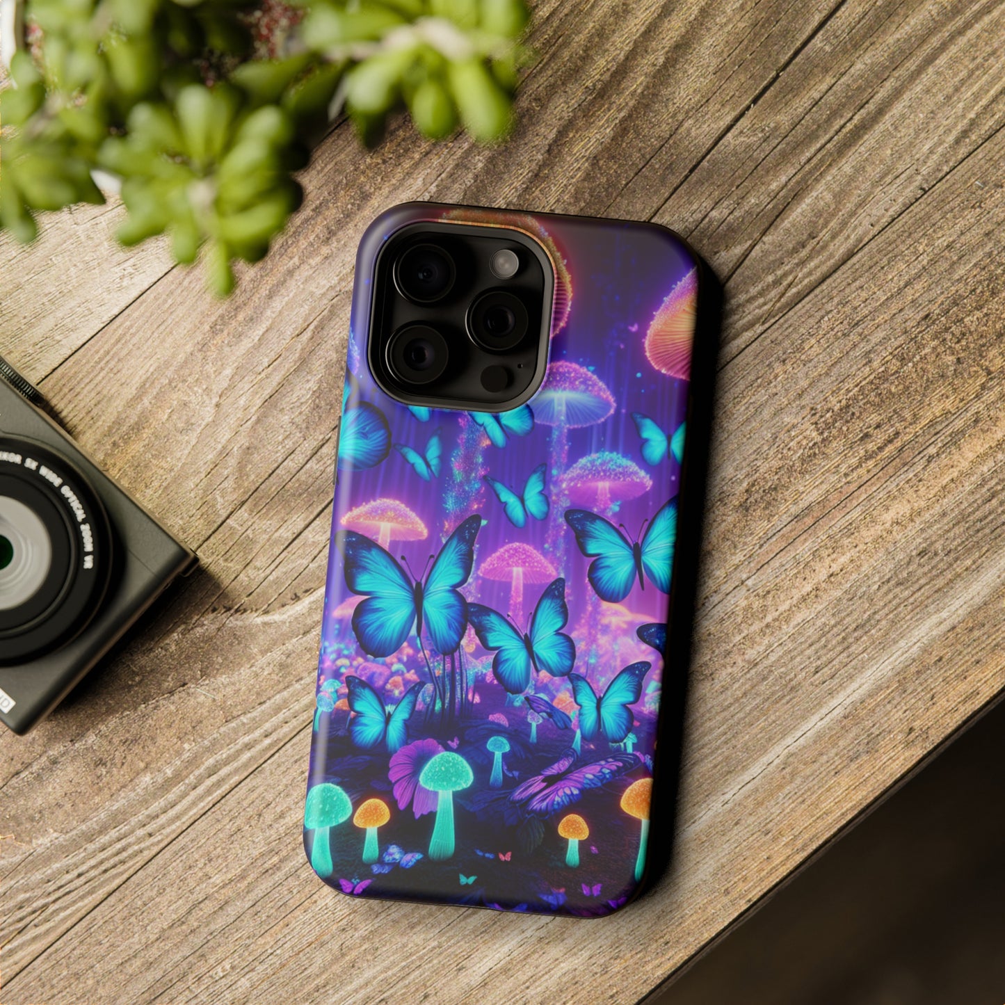 Neon Delight Landscape Neon Butterflies and Mushrooms Premium Art Magsafe Magnet Tough IPhone 13 14 15 Pro Plus Max and Mini in Matte and Glossy Phone cases