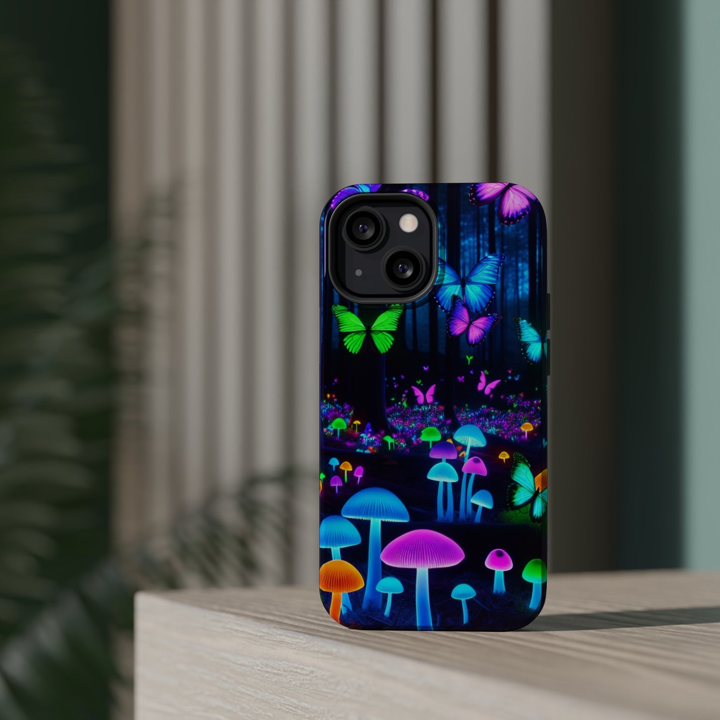 Neon Spectacle. Neon Butterflies and Mushrooms Premium Art Magsafe Magnet Tough IPhone 13 14 15 Pro Plus Max and Mini in Matte and Glossy Phone cases