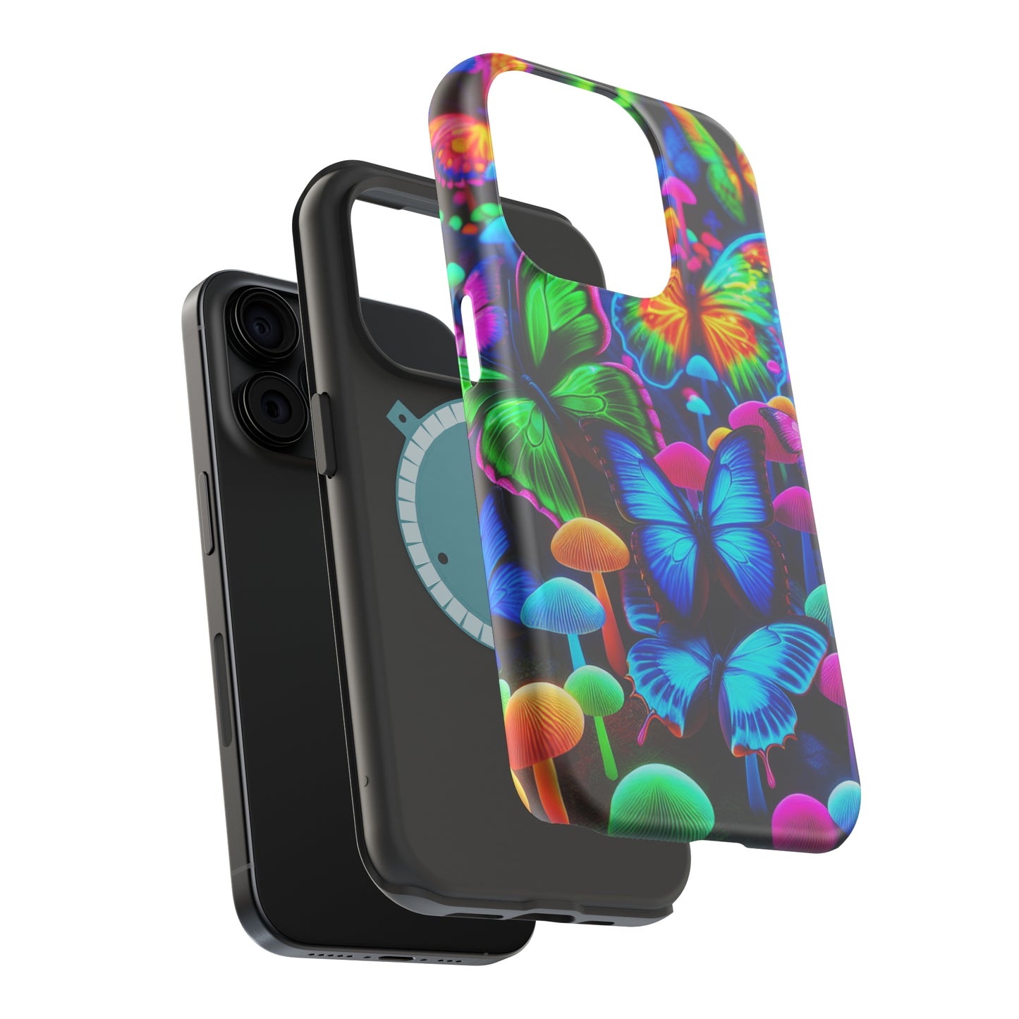 "Fantastic Fruition" Neon Butterflies and Mushrooms Premium Art Magsafe Magnet Tough IPhone 13 14 15 Pro Plus Max and Mini in Matte and Glossy Phone cases